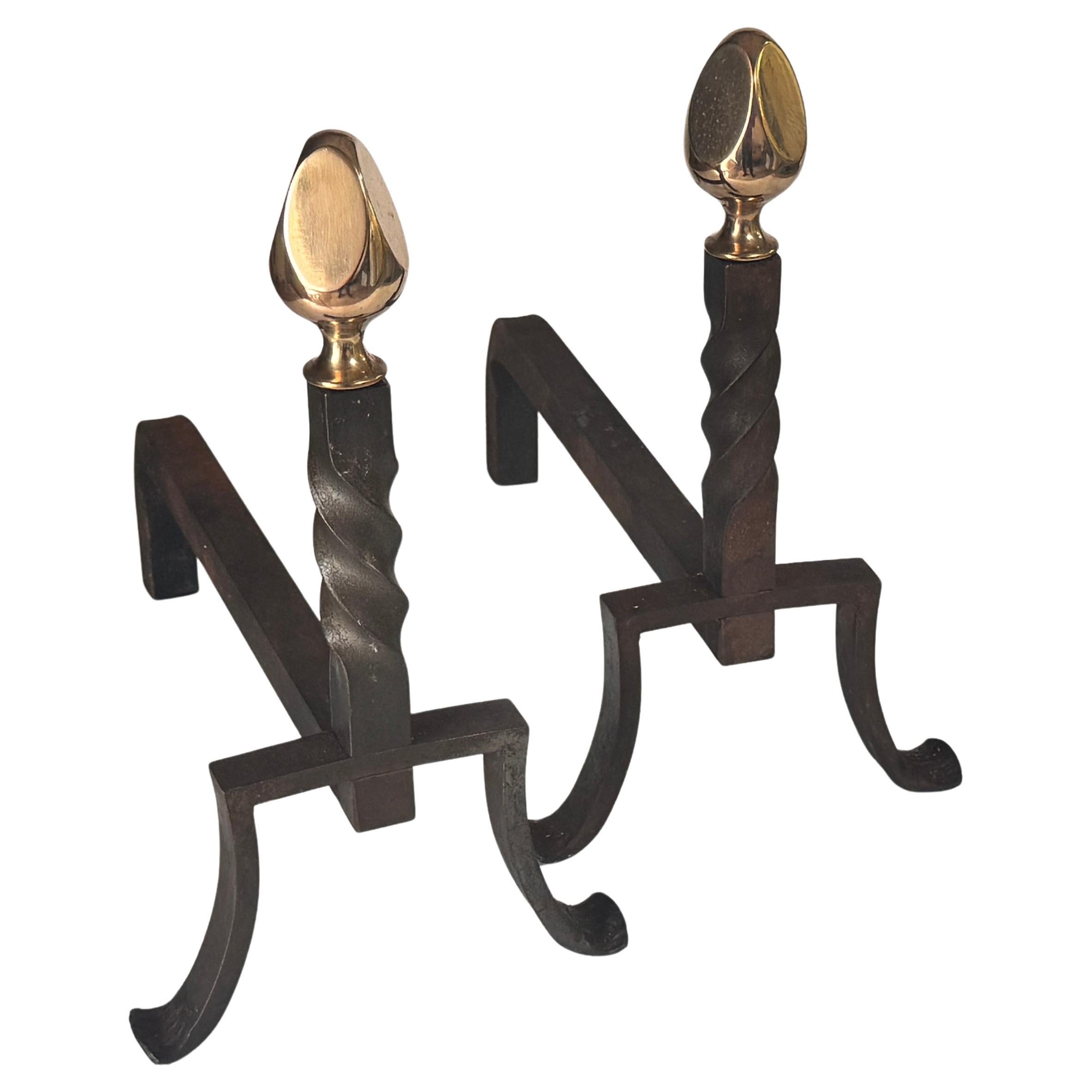Pair of 1950s French Andirons – Black Cast Iron with Brass Finials