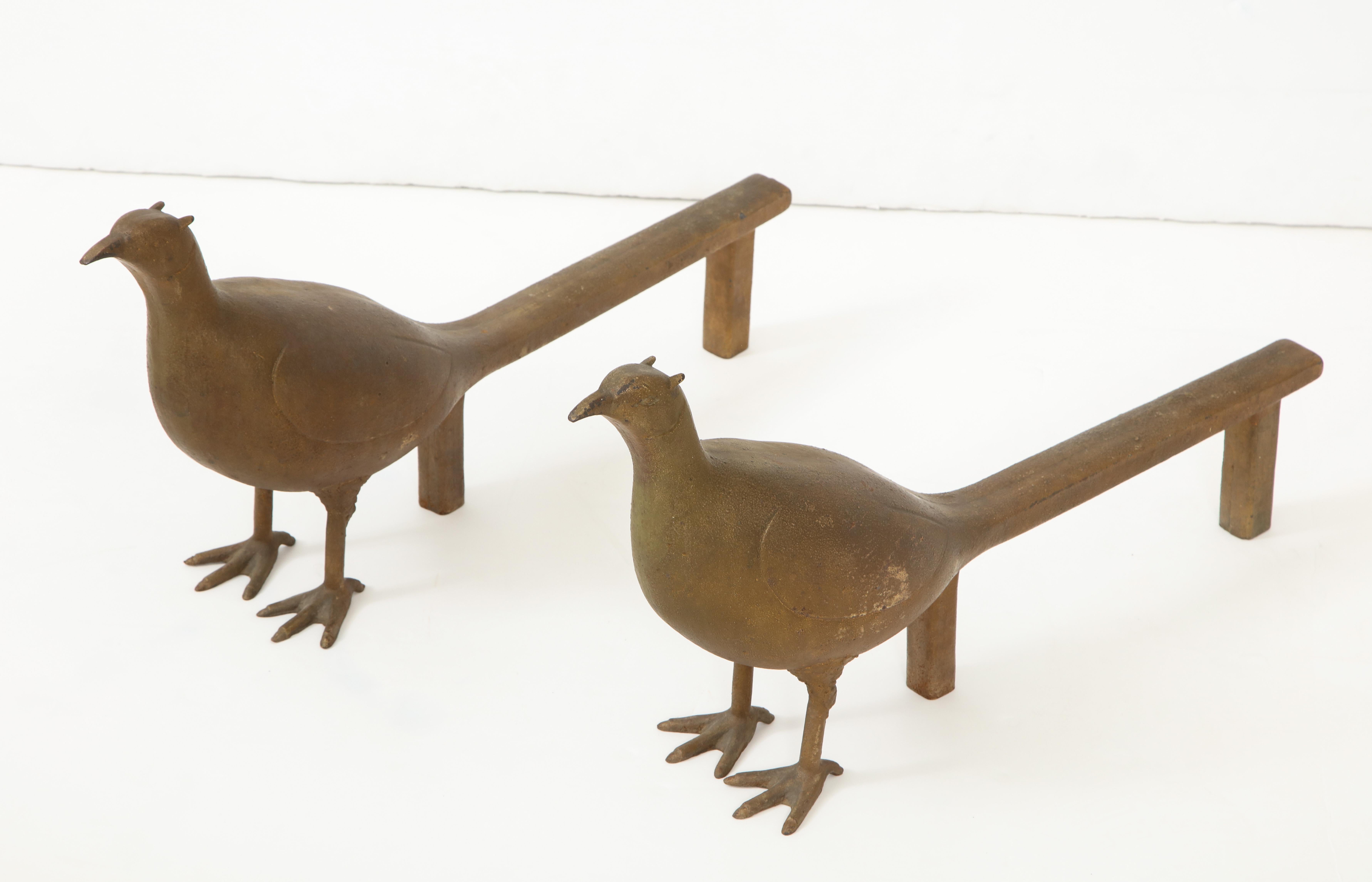 Pair of French 1950s pheasant andirons.
The birds have wonderful detailing and aged finish to them.