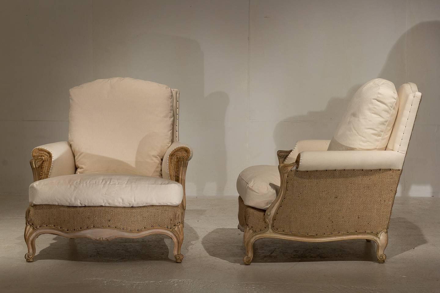 Pair of good sized, 1950s French armchairs. (another pair are available)

Measures: Seat height: 41 cm

These items are our new deconstructed look, using high quality heavyweight calico and also a heavyweight natural burlap ( hessian type )