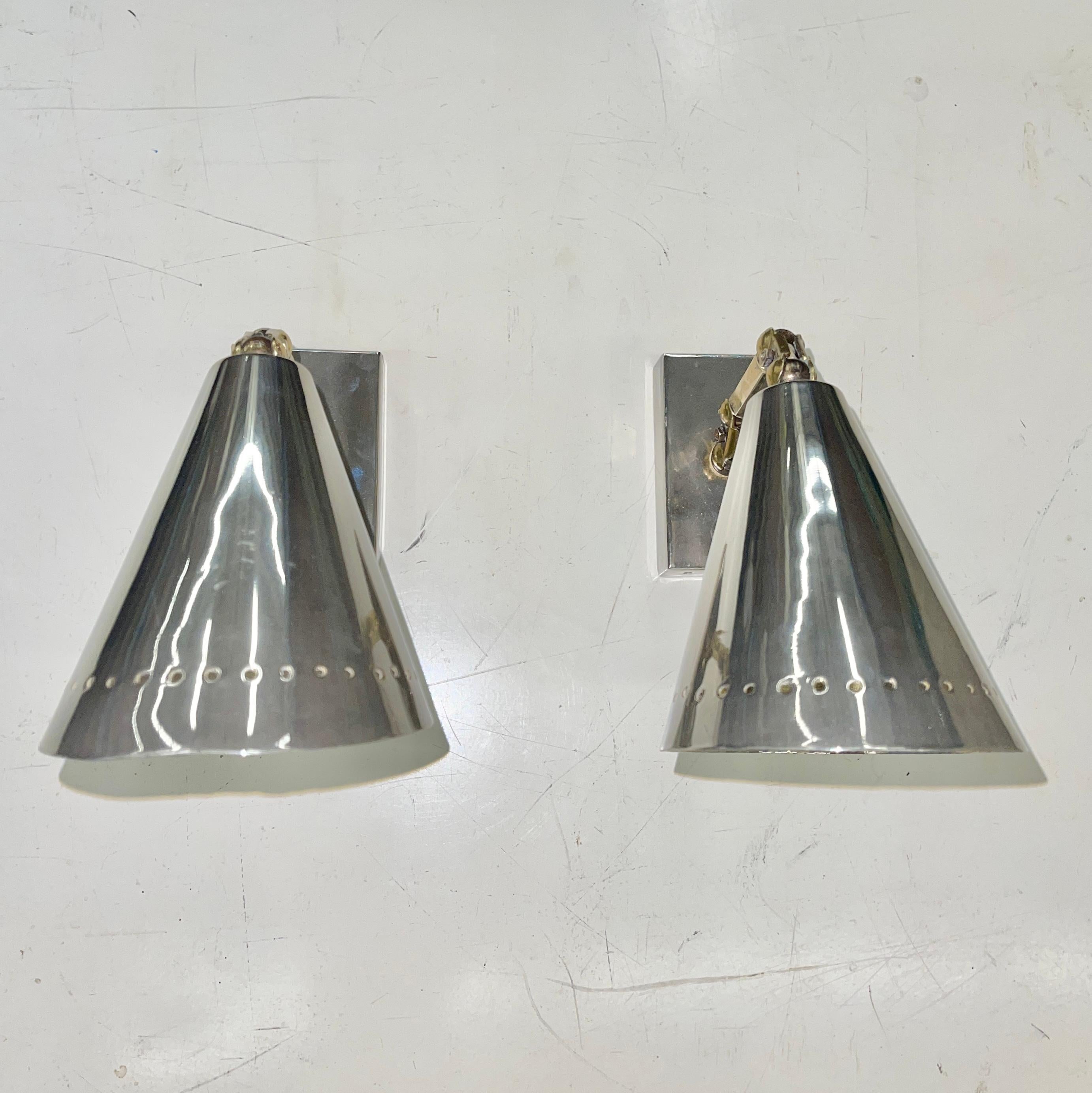Plated Pair of 1950's French Articulating Polished Nickel Wall Lights by Lunel