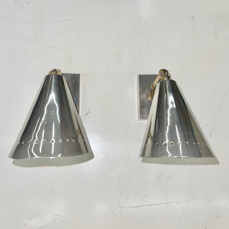 Plated Pair of 1950's French Articulating Polished Nickel Wall Lights by Lunel For Sale