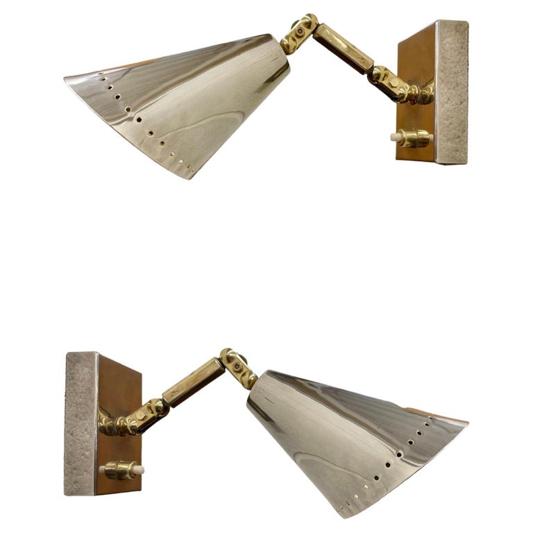 Pair of 1950's French Articulating Polished Nickel Wall Lights by Lunel For Sale