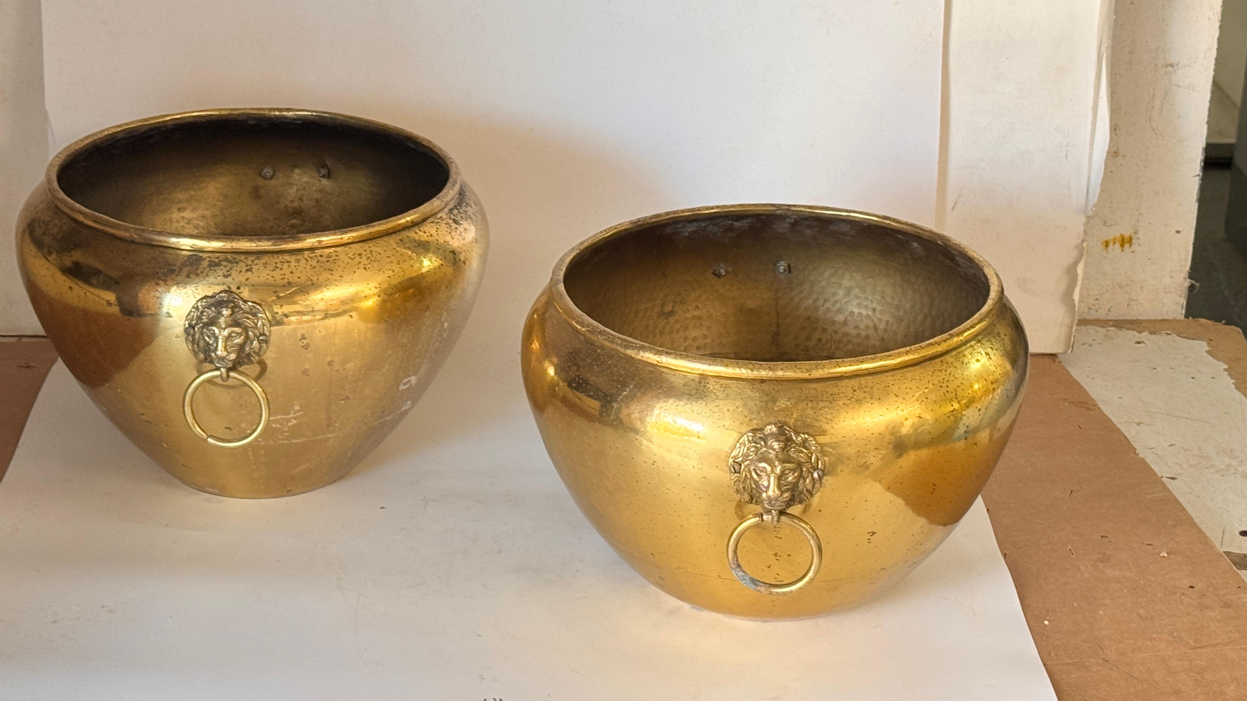 Coppia di cache-pot francesi in ottone degli anni '50 - ornamenti a testa di leone e manici ad anello

Descrizione:
Questa elegante coppia di cache-pot francesi in ottone degli anni '50 presenta elementi decorativi classici ispirati alle grandi