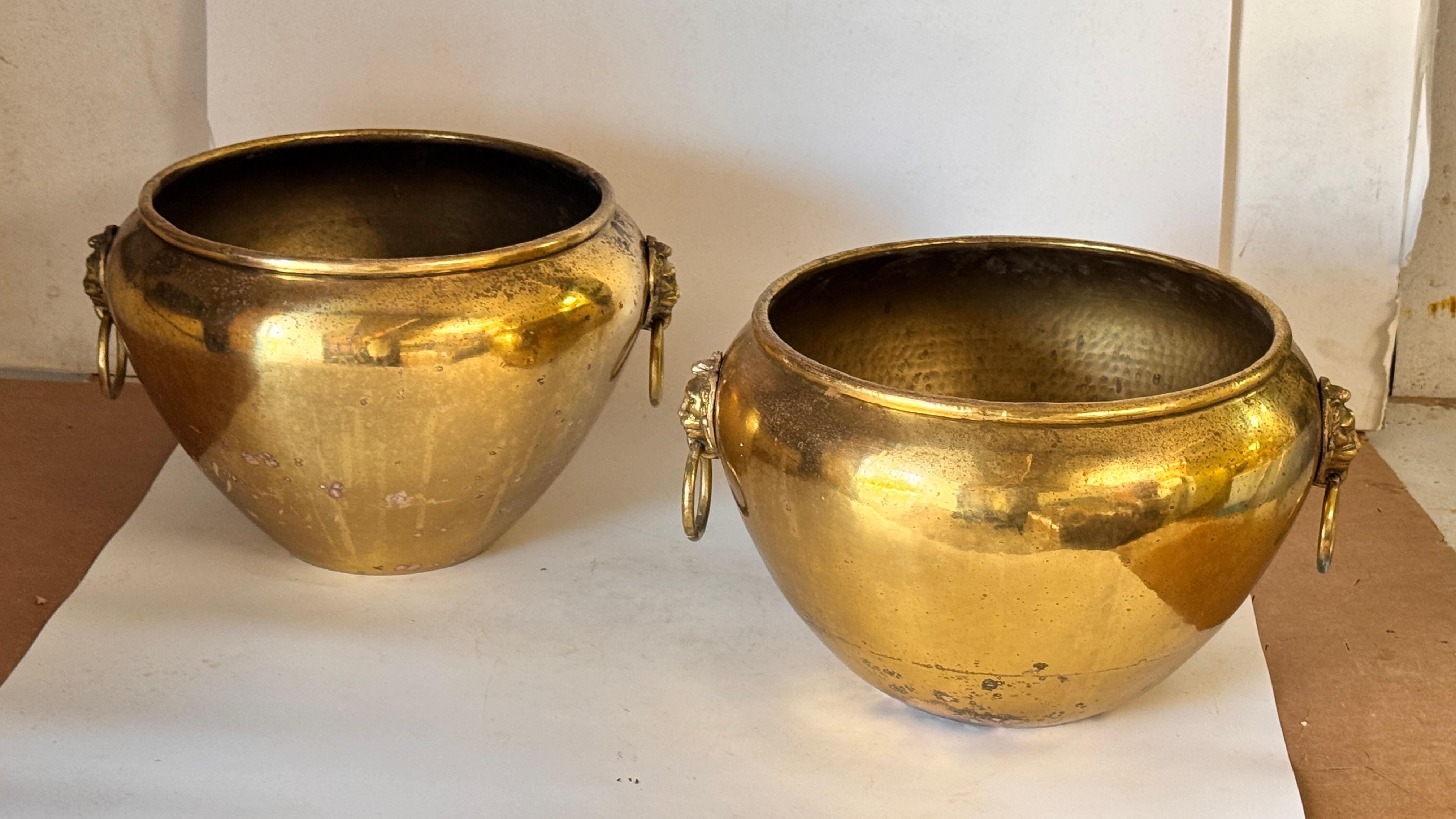 Stile provenzale Coppia di cache-pot francesi in ottone degli anni '50 - ornamenti a testa di leone e manici ad anello in vendita