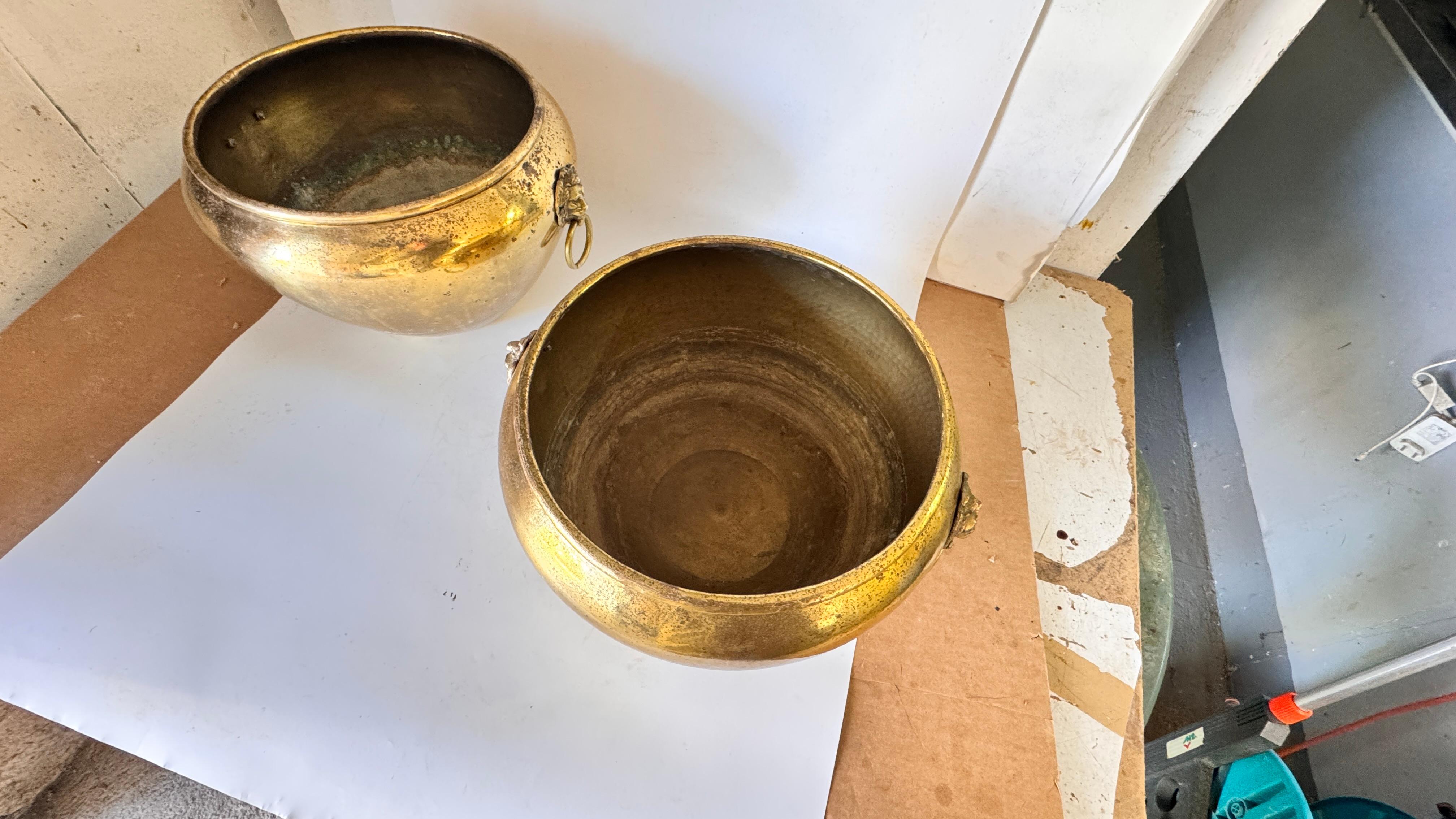 Ottone Coppia di cache-pot francesi in ottone degli anni '50 - ornamenti a testa di leone e manici ad anello in vendita