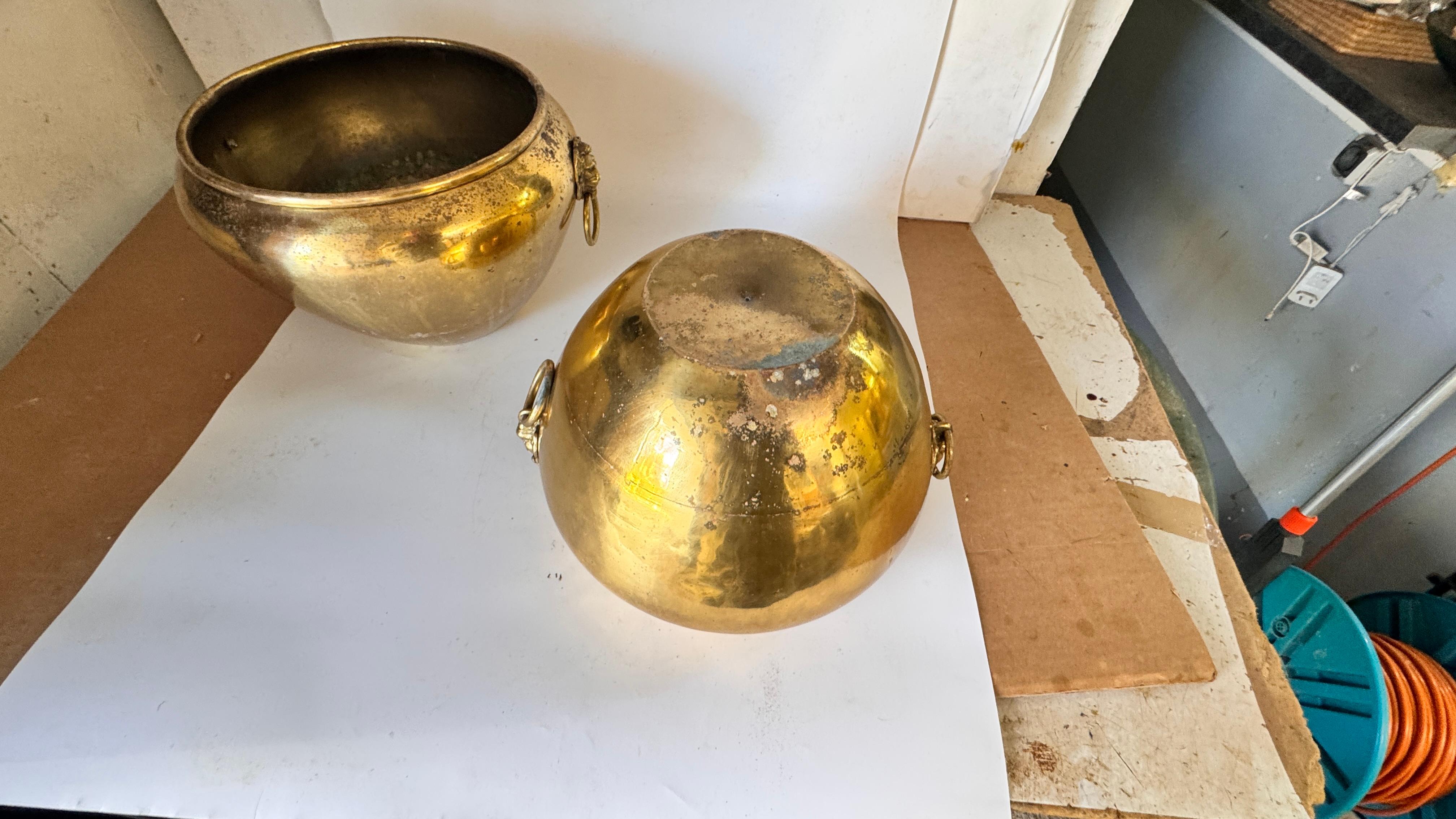 Coppia di cache-pot francesi in ottone degli anni '50 - ornamenti a testa di leone e manici ad anello in vendita 1