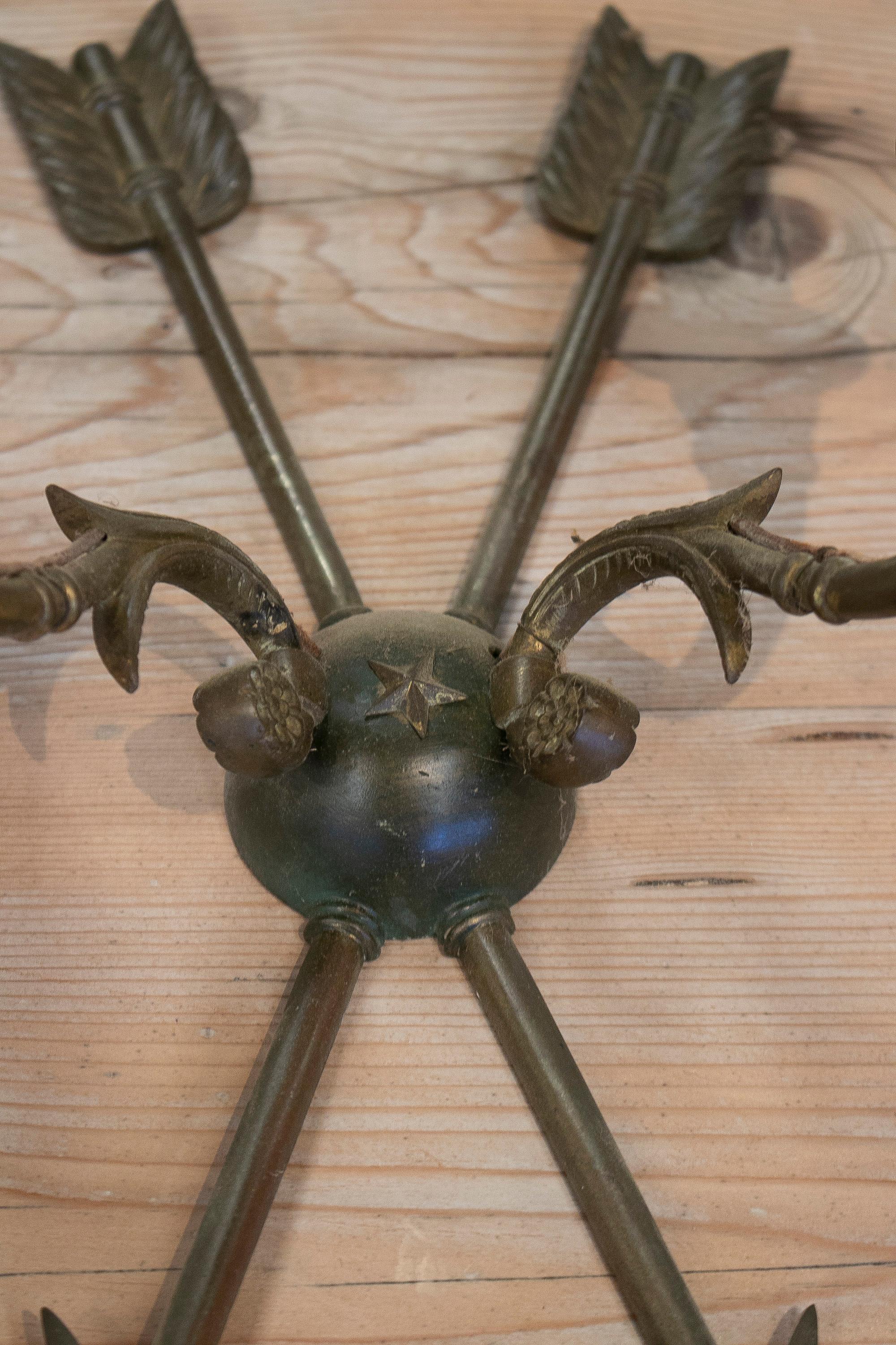 Pair of 1950s French Bronze 2-Arm Wall Sconces w/ Crossed Arrows For Sale 6
