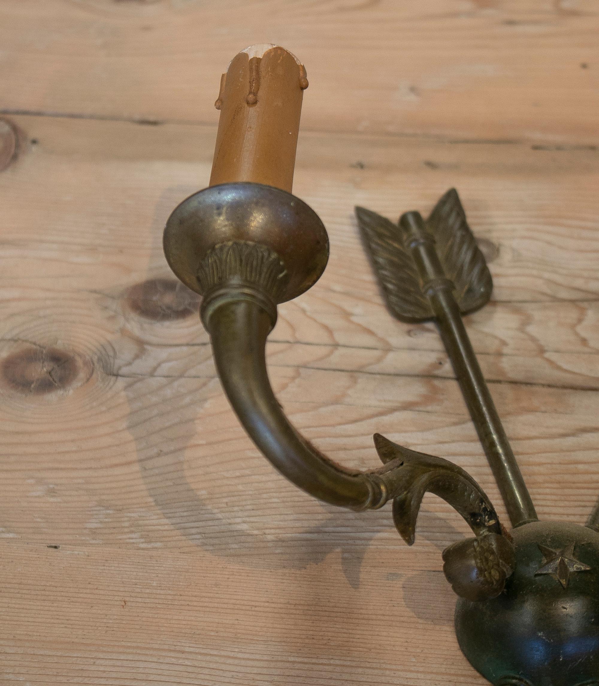 Pair of 1950s French Bronze 2-Arm Wall Sconces w/ Crossed Arrows For Sale 8