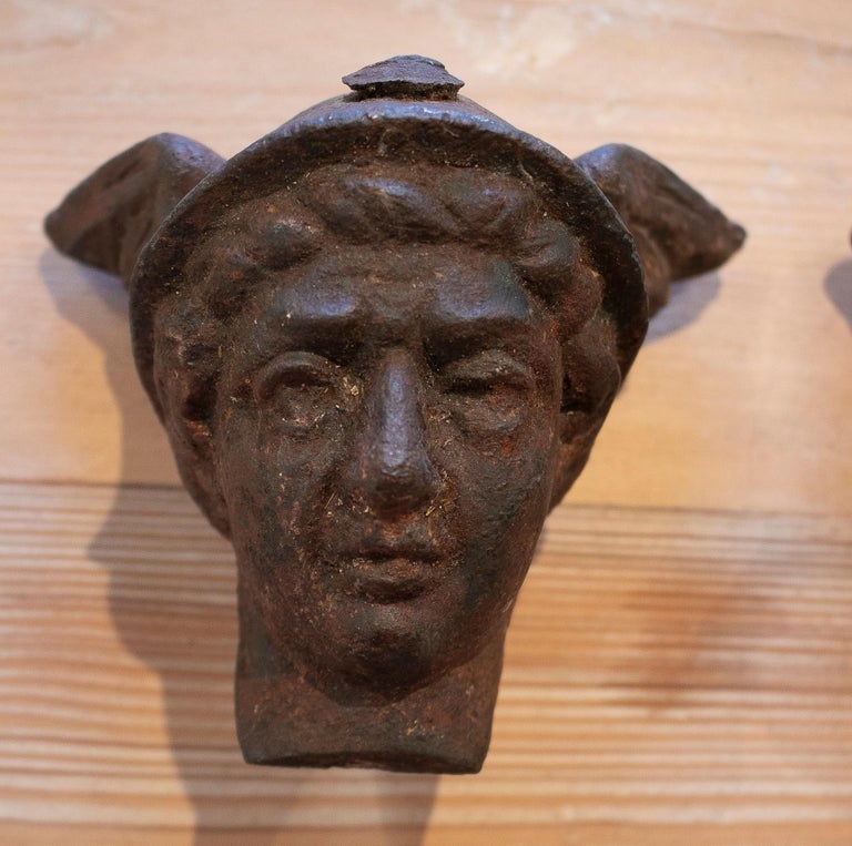 Pair of 1950s French Cast Iron Mercury Winged Head Busts For Sale at