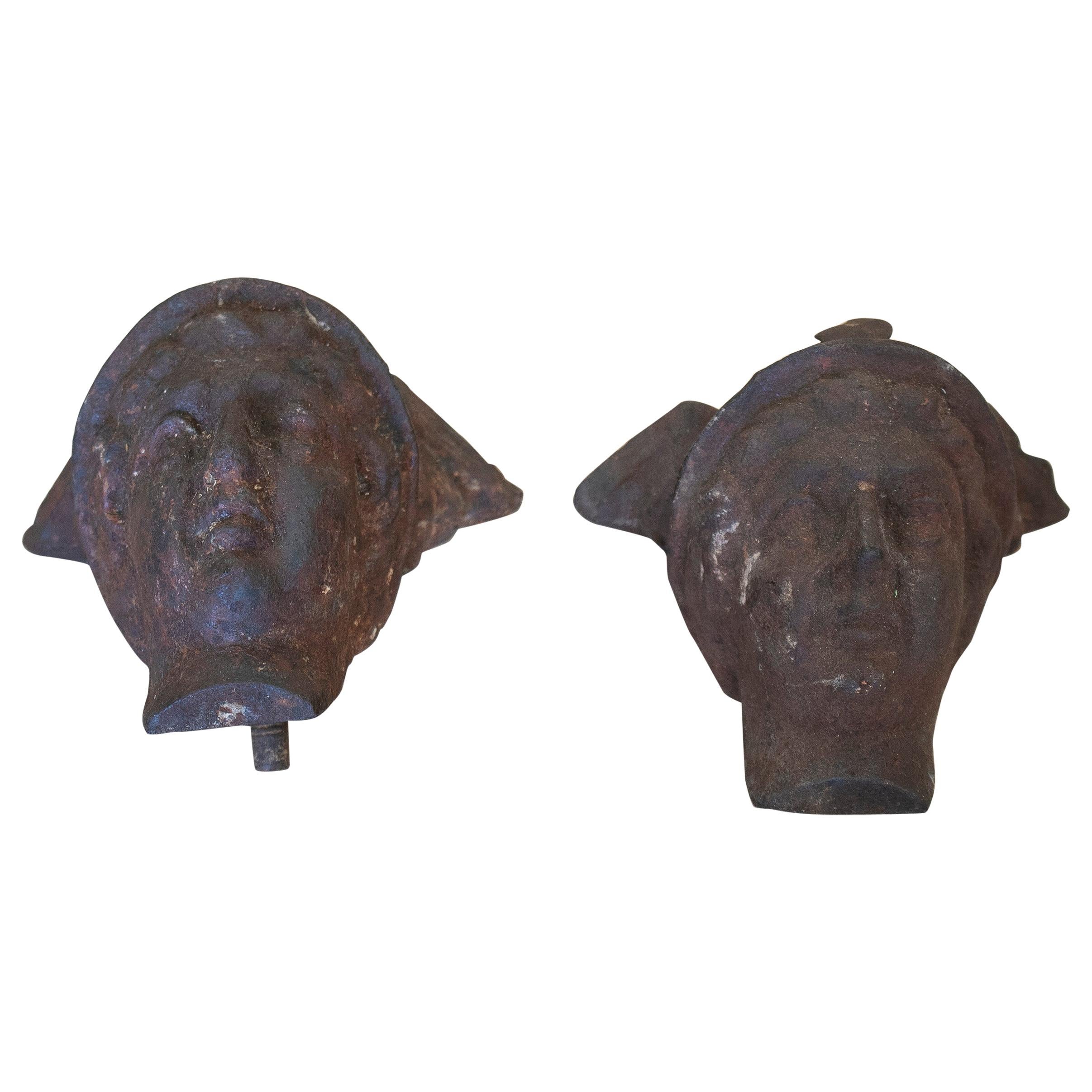 Paire de bustes français à tête ailée en fonte mercurée des années 1950