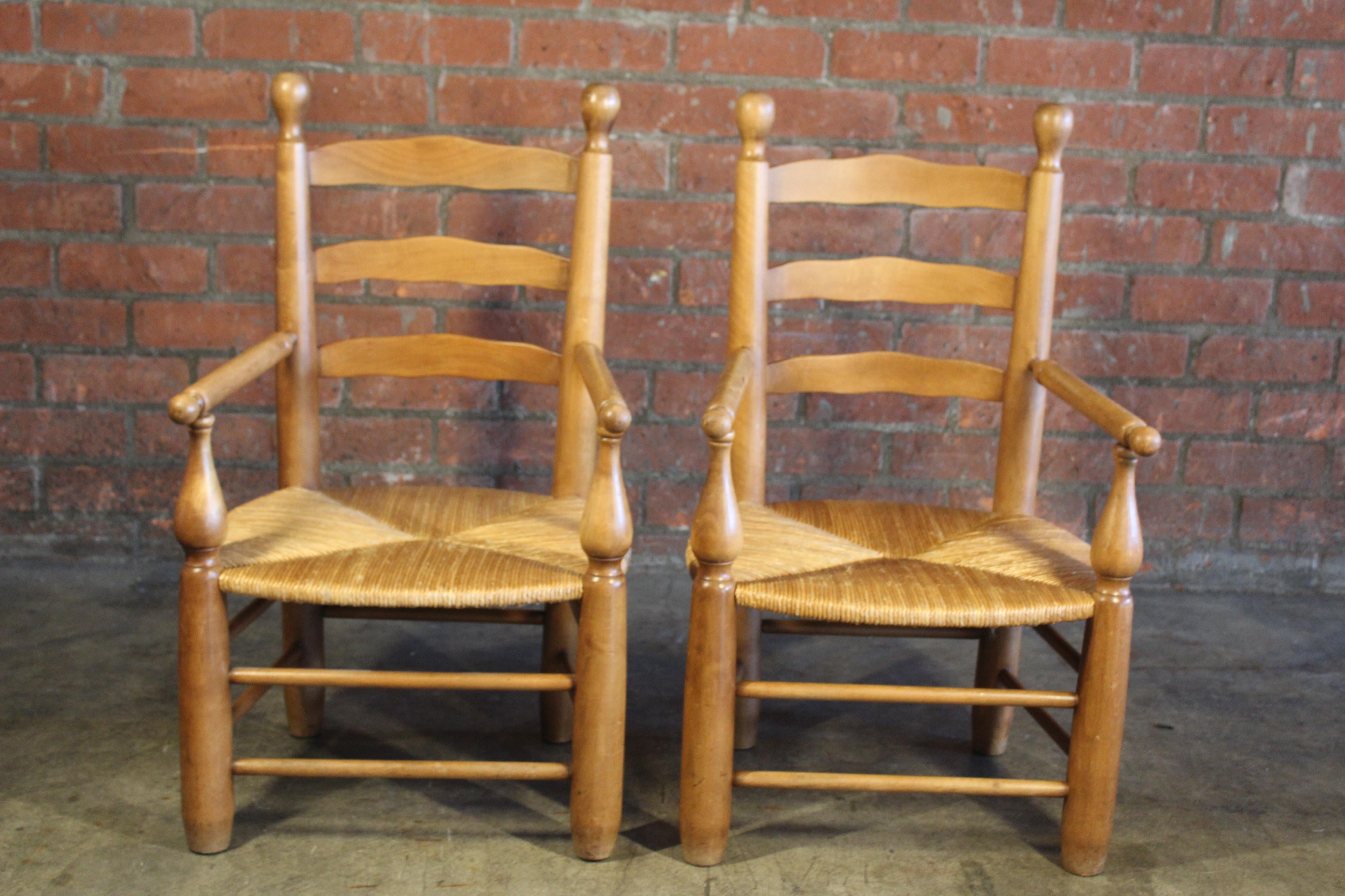 Mid-20th Century Pair of 1950s French Country Armchairs with Rush Seats For Sale