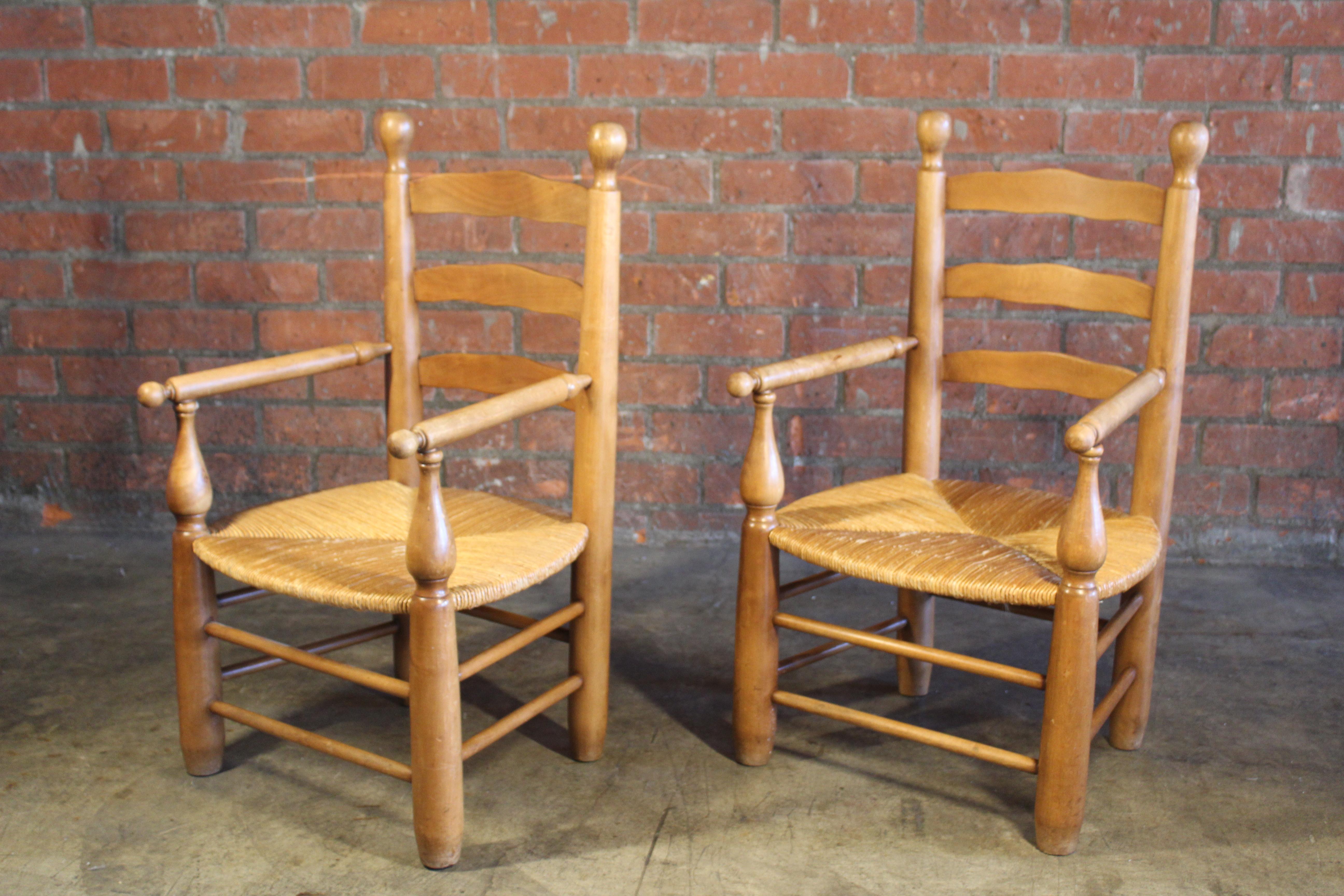 Pair of 1950s French Country Armchairs with Rush Seats For Sale 1