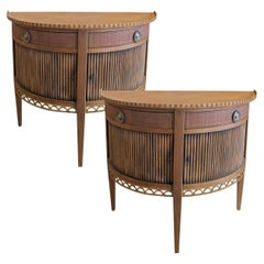 Pair of 1950s French Demi Lune Side/End Tables with Tambour Doors & Brass Handle