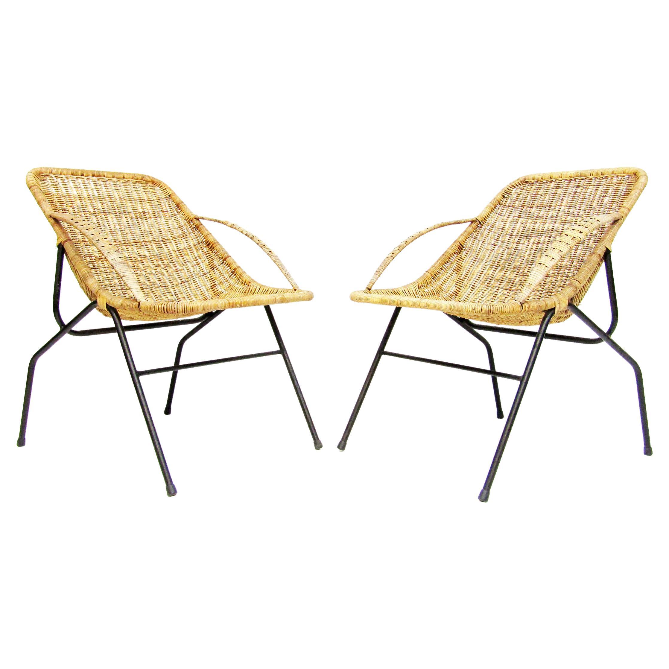 Pair of 1950s French "Gazelle" Chairs in Wicker & Steel, Style of Jacques Adnet For Sale