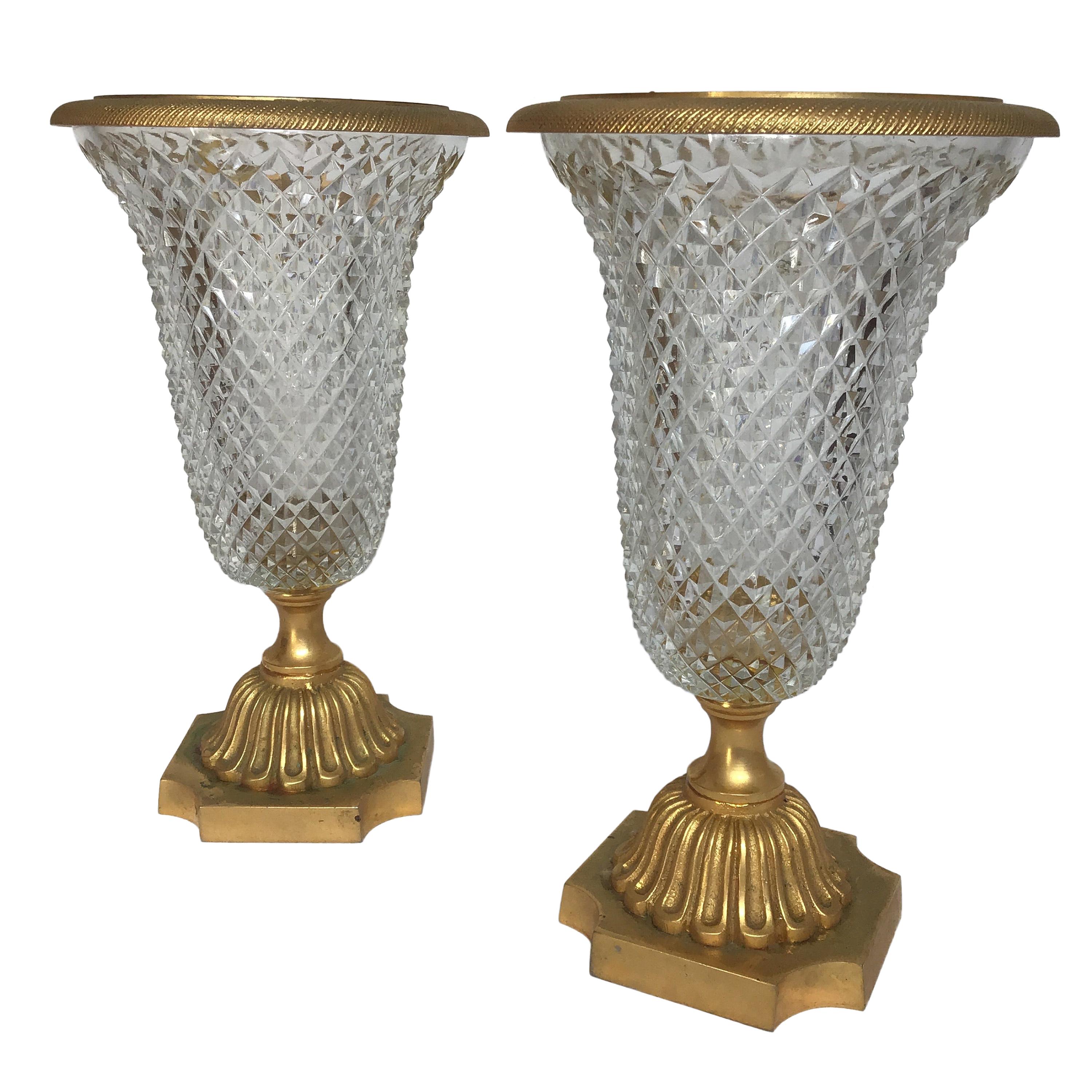 Pair of 1950s French Gilt Bronze and Glass Urns