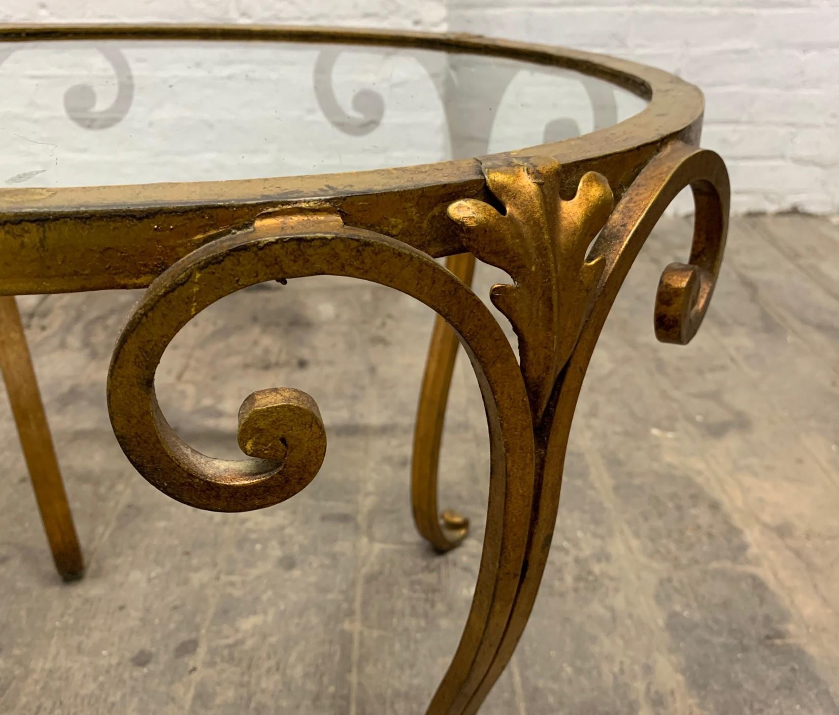 Mid-20th Century Pair of 1950s French Gilt Wrought Iron Glass Top Side Tables For Sale