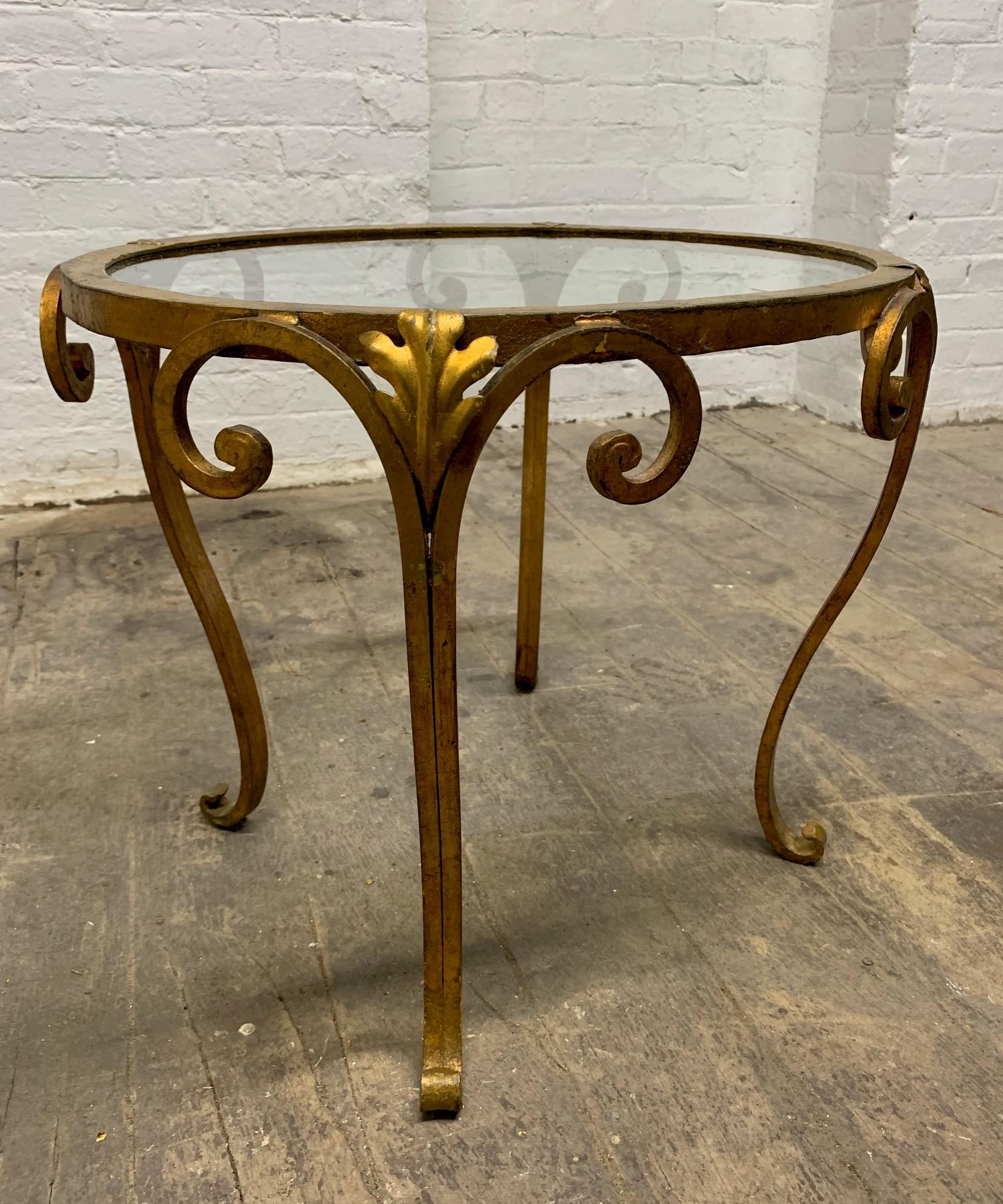 Pair of 1950s French Gilt Wrought Iron Glass Top Side Tables For Sale 1