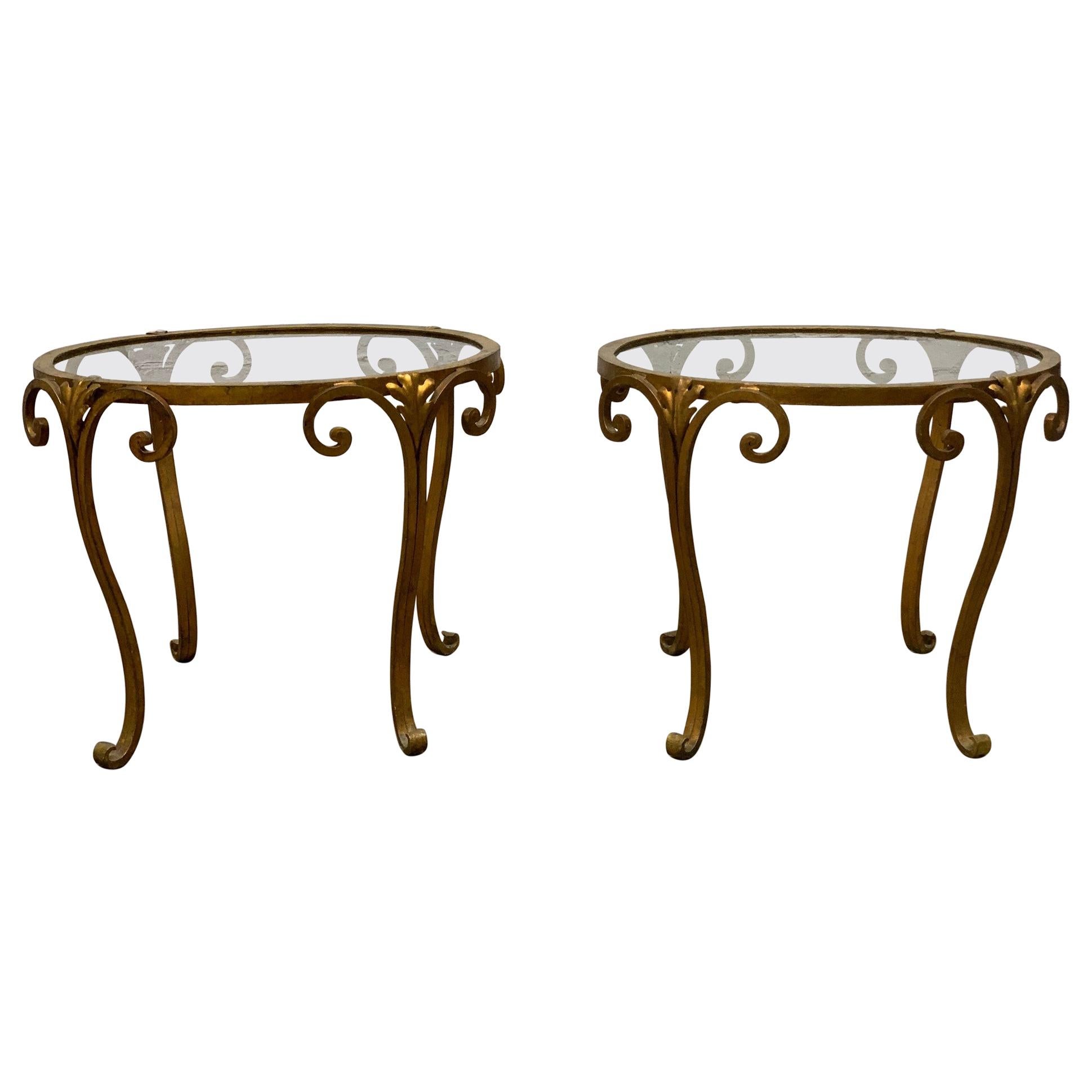 Pair of 1950s French Gilt Wrought Iron Glass Top Side Tables