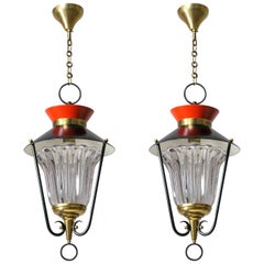 Pair of 1950s French Lanterns, Red, Black, Brass and Crystal Glass