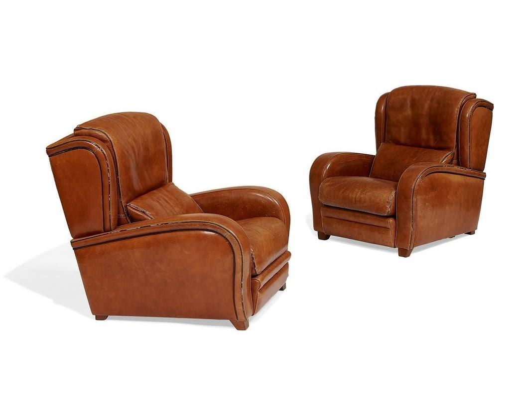 Pair of 1950s French Leather Lounge Chairs In Good Condition For Sale In New York, NY