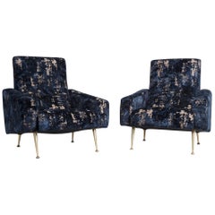 Pair of 1950s French Lounge Chairs in Blue & Gold Velvet Fabric with Brass Legs