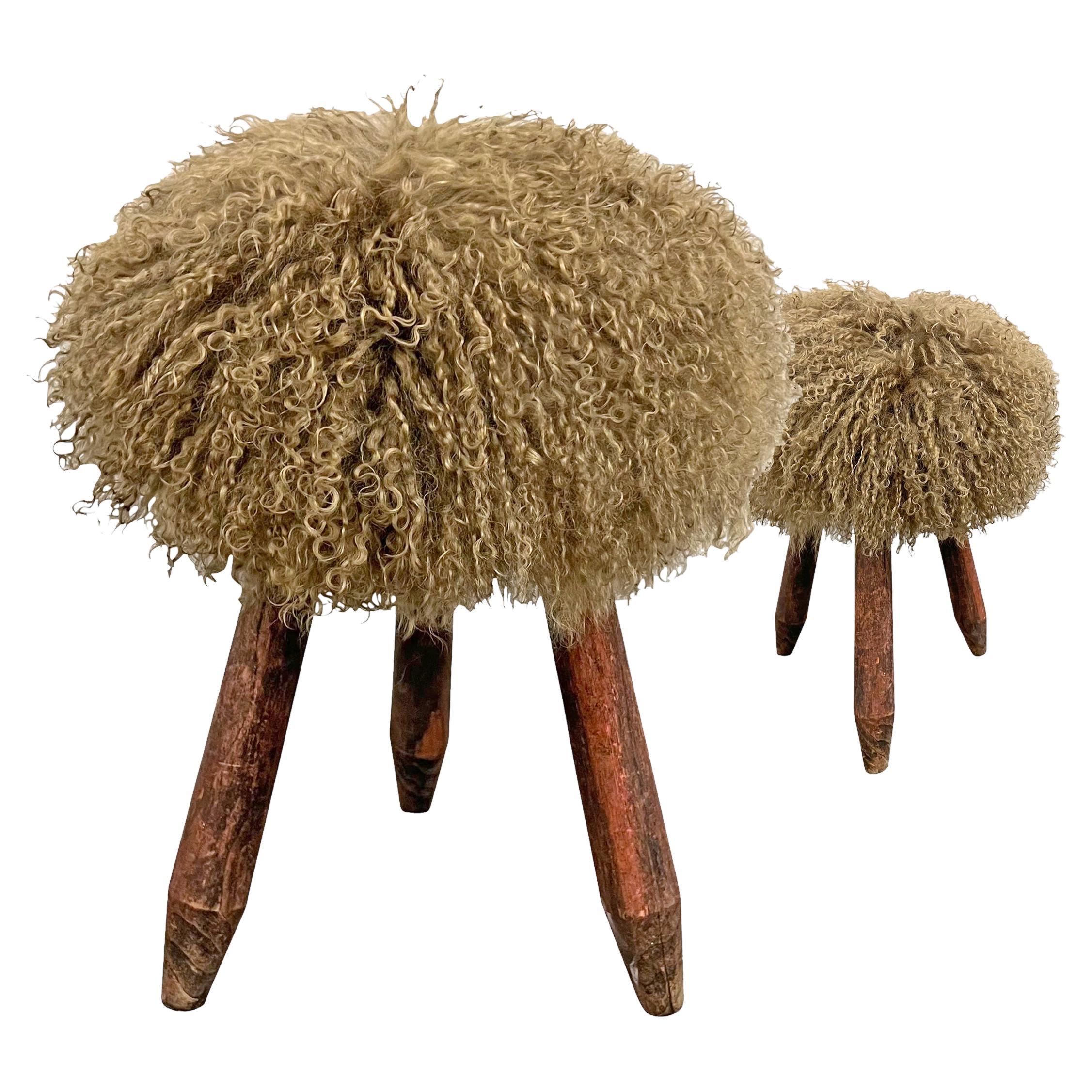 Pair of 1950s French Modernist Fur Covered Stools
