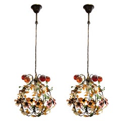Pair of 1950s French Multi-Coloured Flower & Leaf Glass Ceiling Pendant Lights