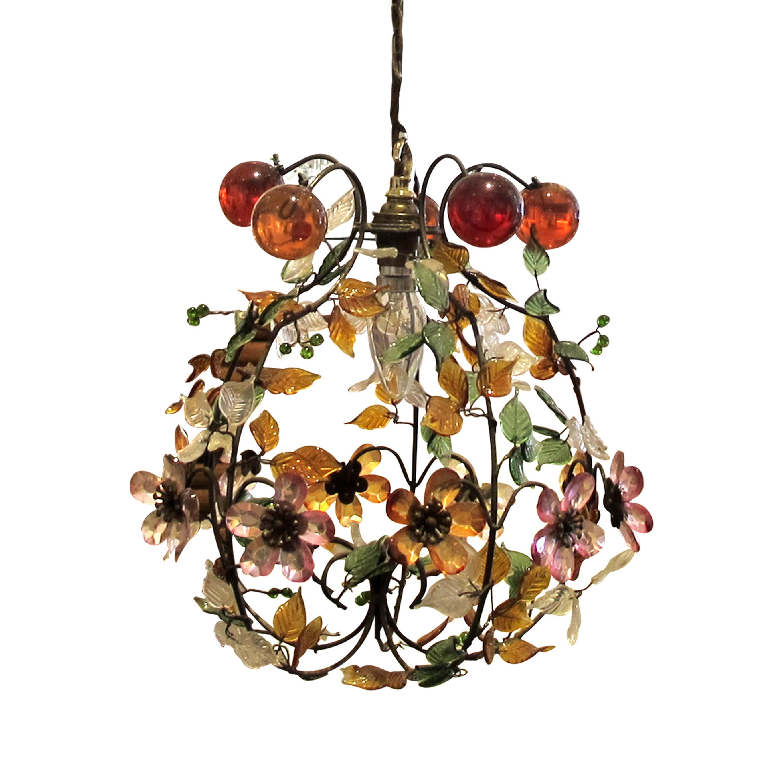 Mid-Century Modern Pair of 1950s French Multi-Coloured Flower & Leaf Glass Ceiling Pendant Lights