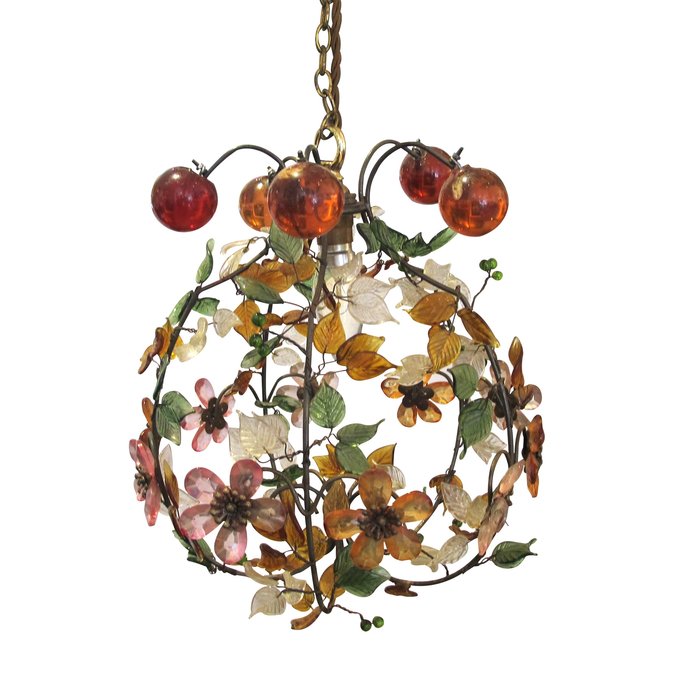 Other Pair of 1950s French Multi-Coloured Flower & Leaf Glass Ceiling Pendant Lights