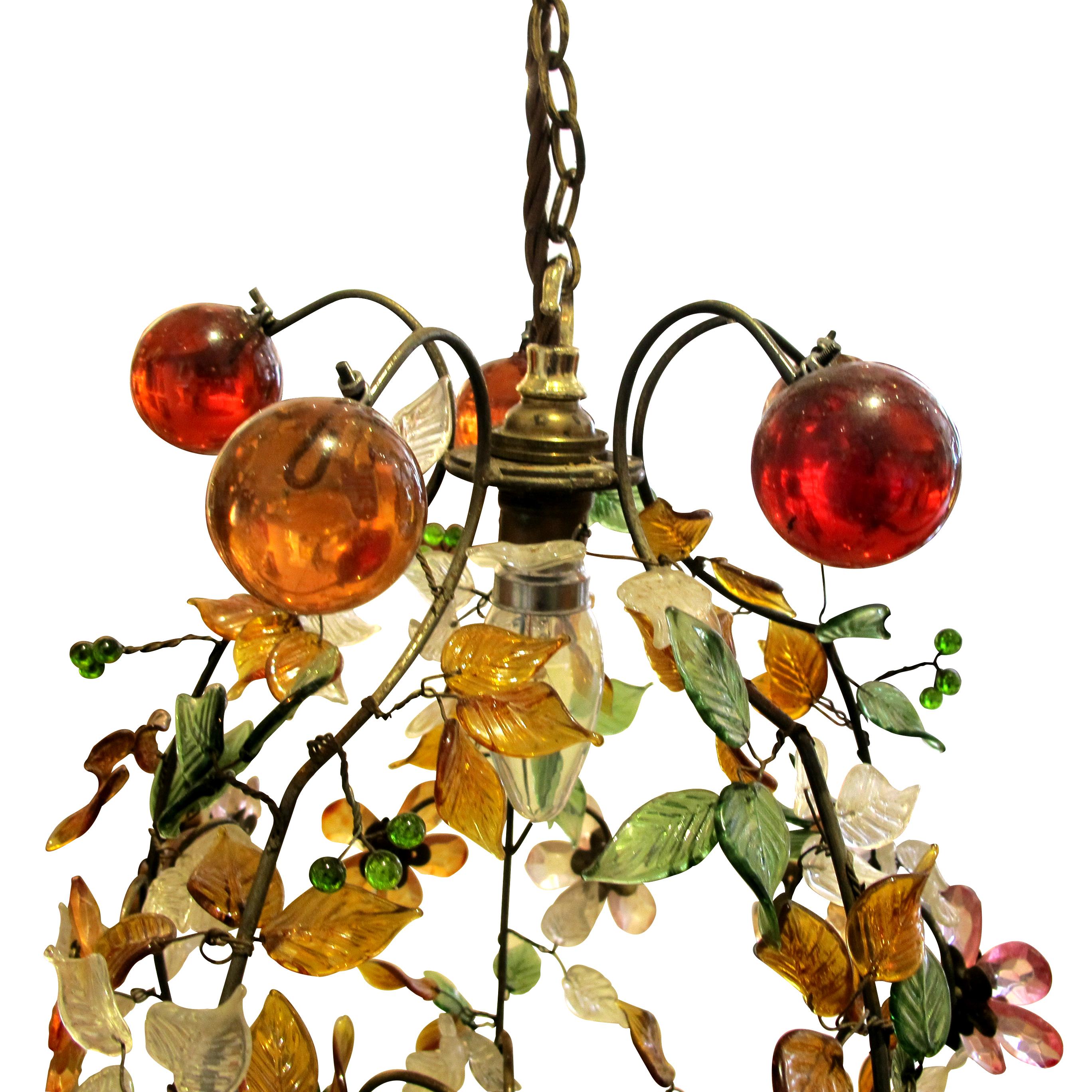Pair of 1950s French Multi-Coloured Flower & Leaf Glass Ceiling Pendant Lights In Good Condition In London, GB