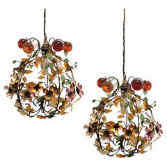 Pair of 1950s French Multi-Coloured Flower & Leaf Glass Ceiling Pendant Lights