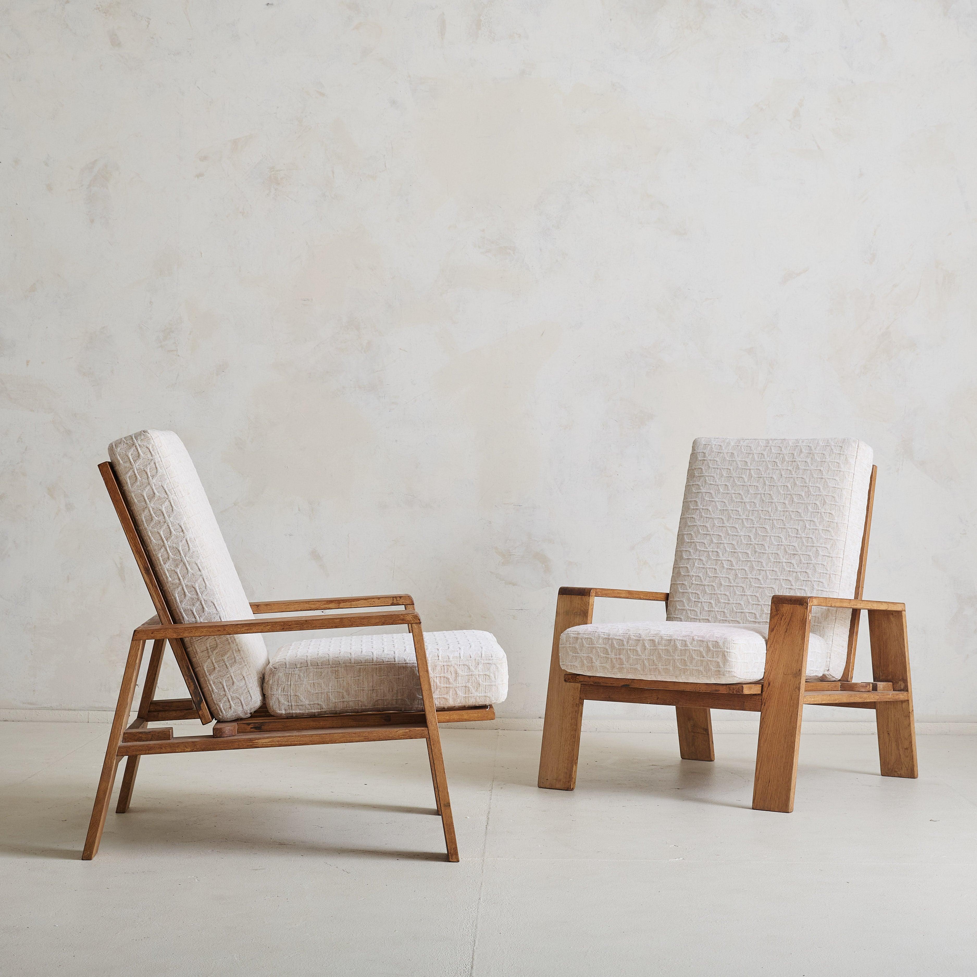 Rustic Pair of 1950's French Oak Armchairs, Reclinable For Sale