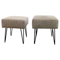 Pair of 1950s French Occasional Stools Newly Upholstered with Metal Hairpin Legs