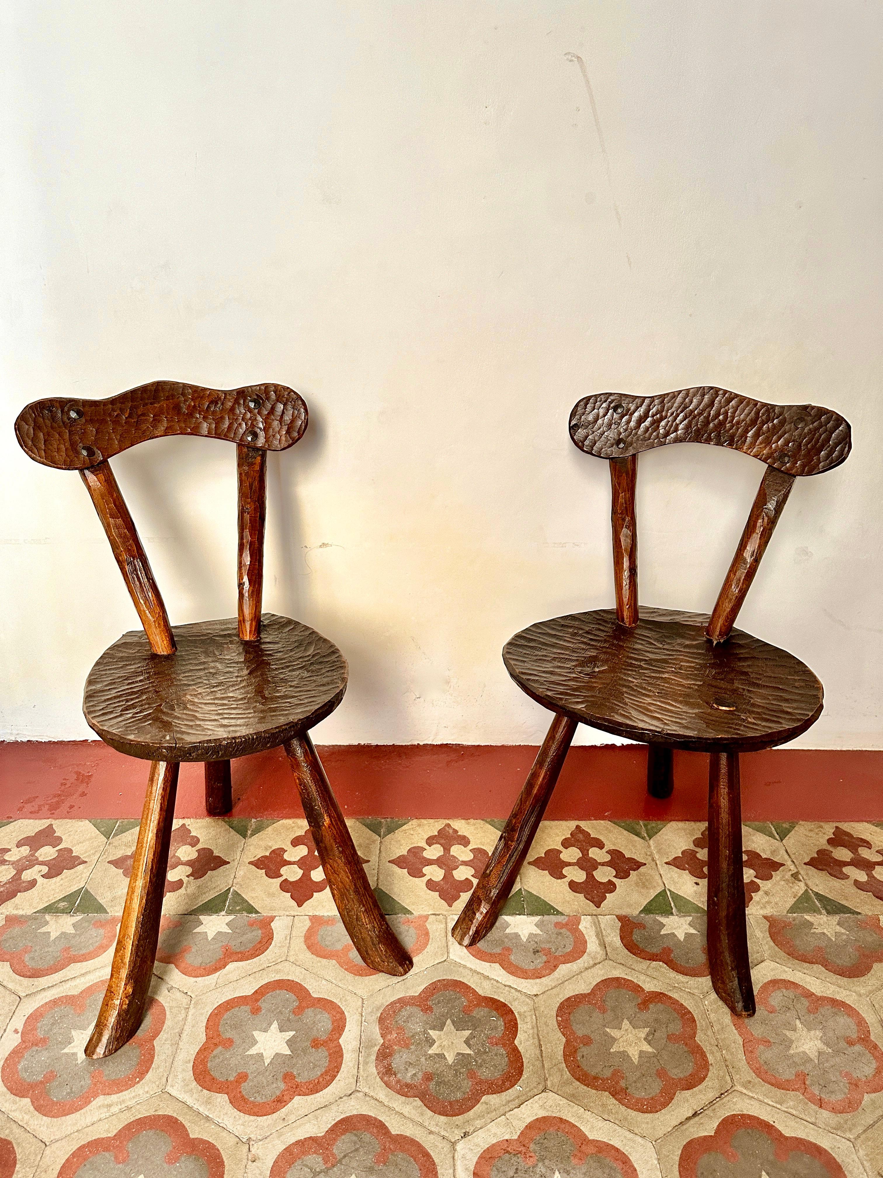Hand-Carved Pair Of 1950s French Primitive Brutalist Milking Stools For Sale