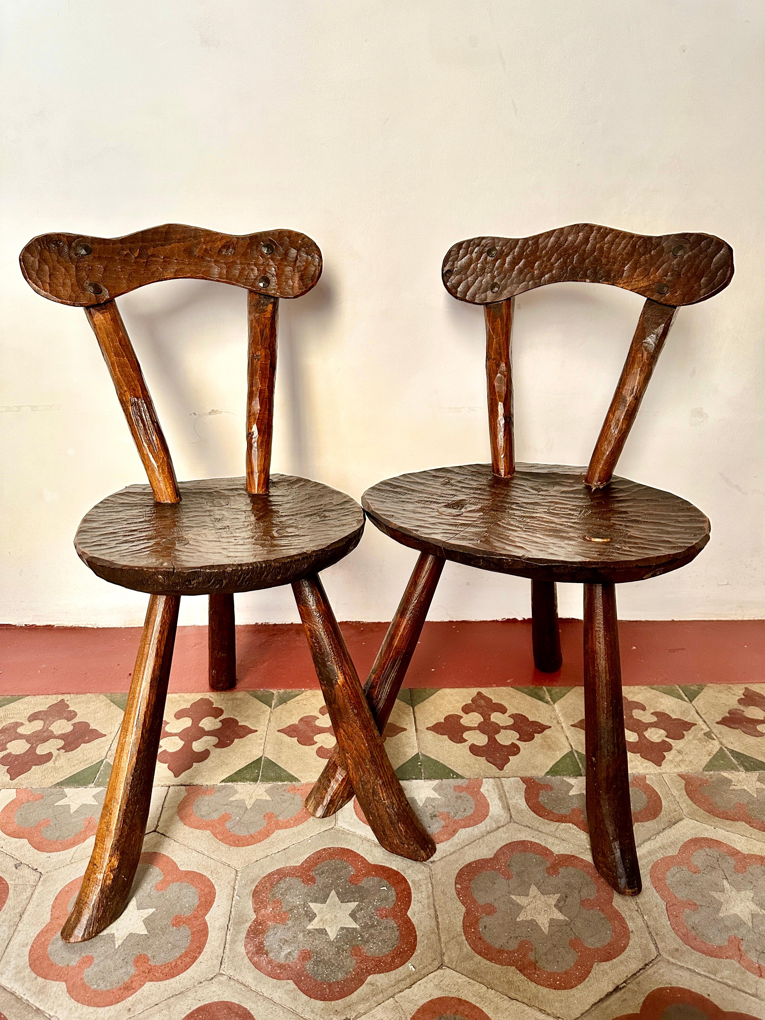 Mid-20th Century Pair Of 1950s French Primitive Brutalist Milking Stools For Sale