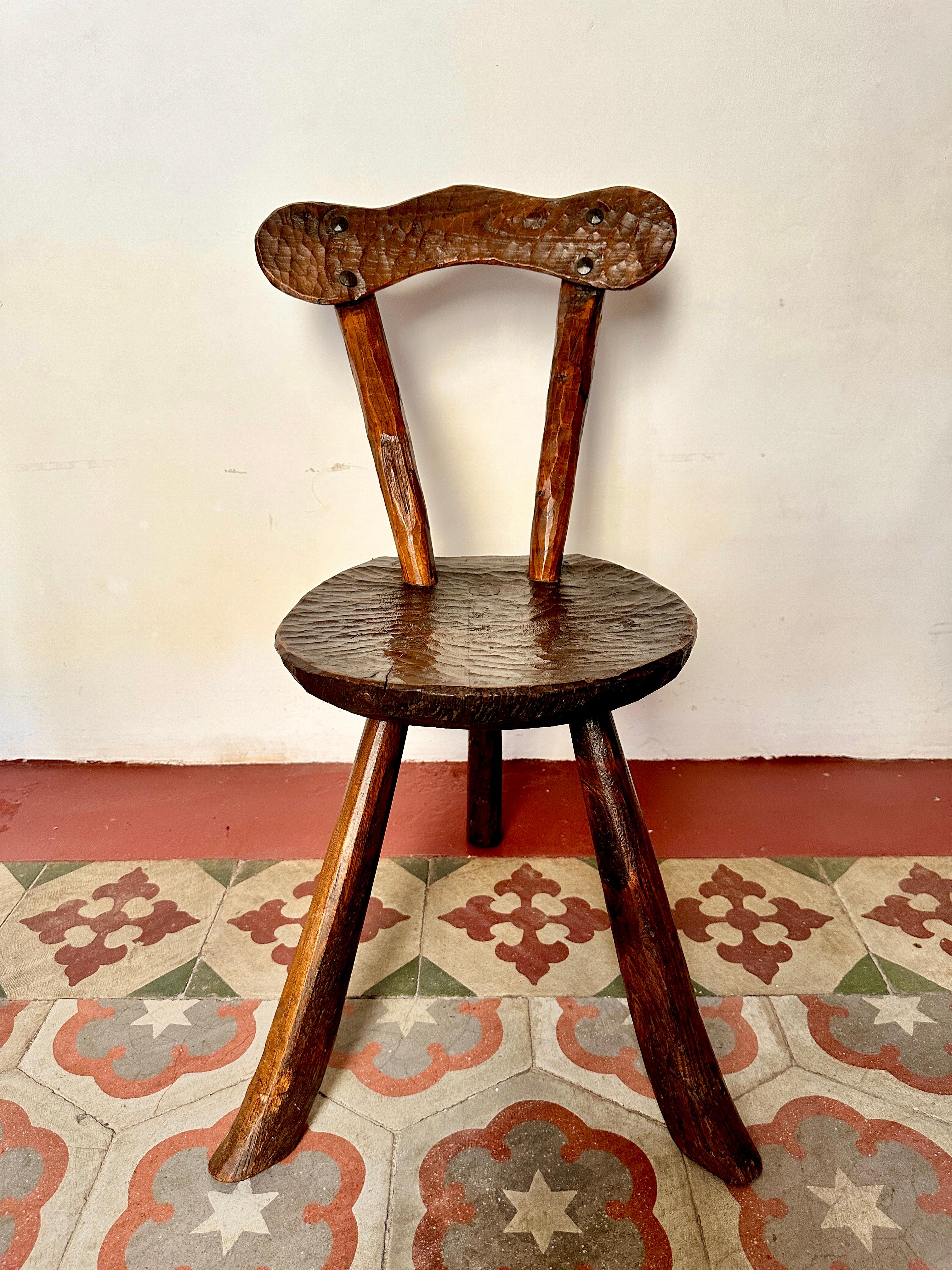 Elm Pair Of 1950s French Primitive Brutalist Milking Stools For Sale
