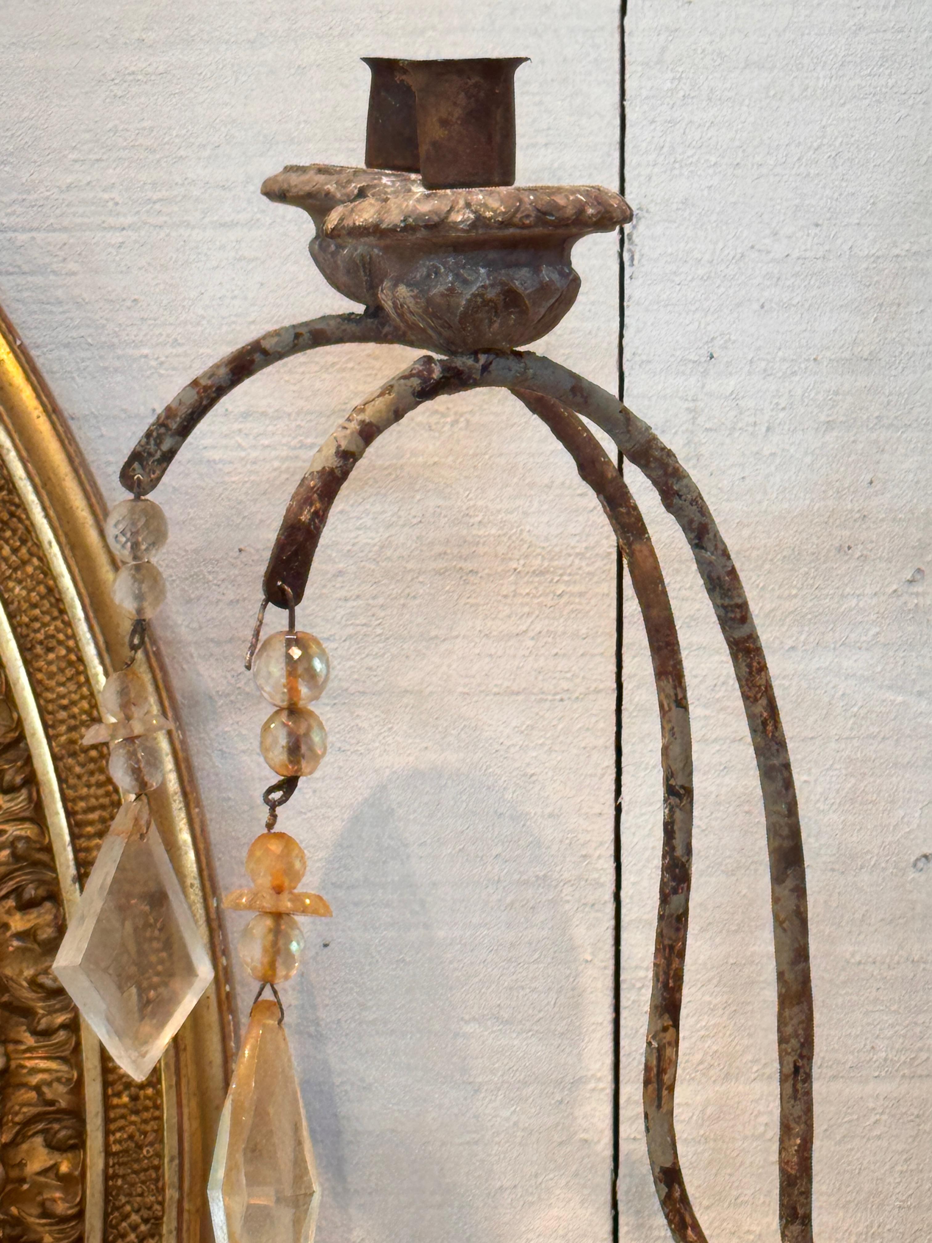 Pair of 1950s French Provincial Metal Sconces With Crystals For Sale 6