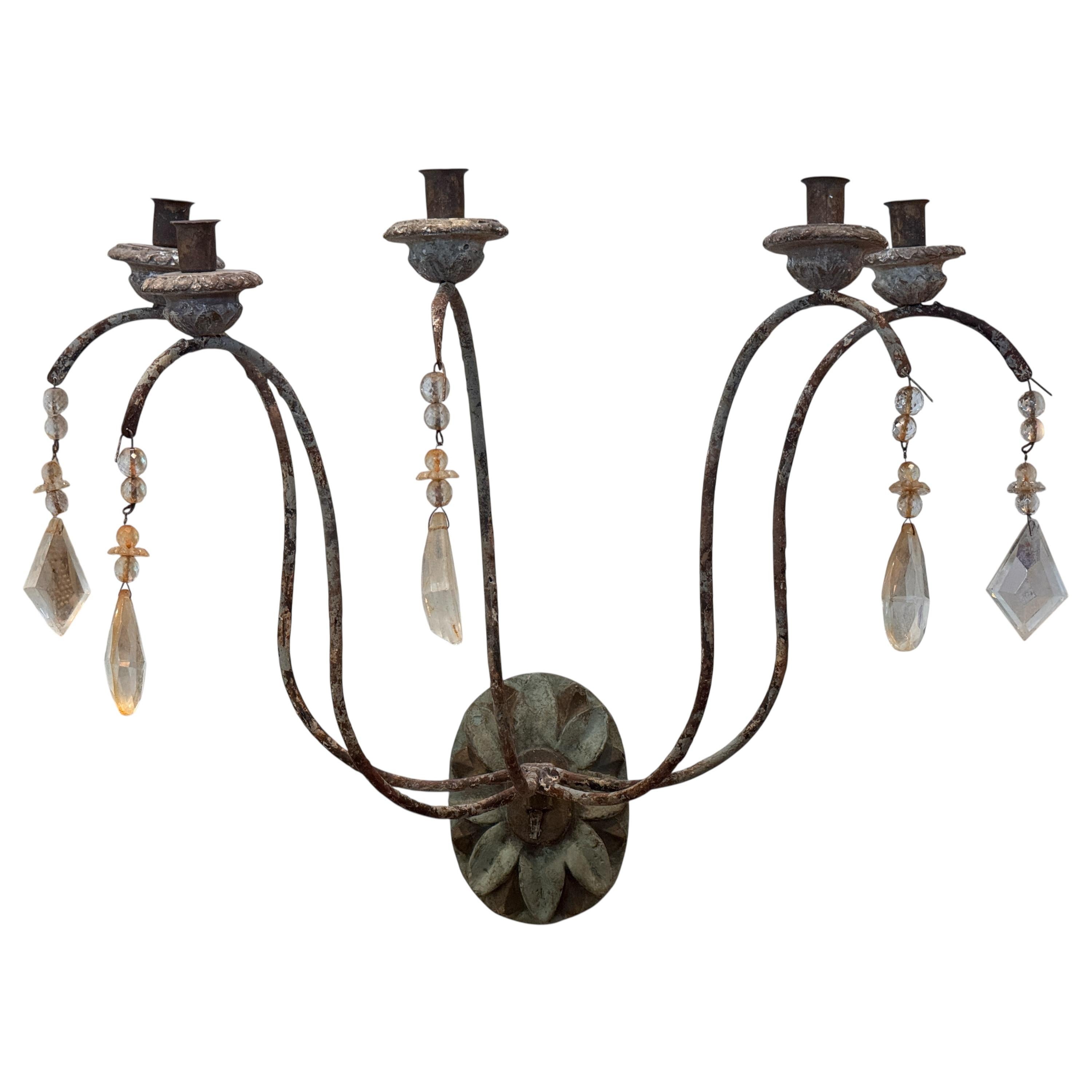 Pair of 1950s French Provincial Metal Sconces With Crystals In Good Condition For Sale In Charlottesville, VA