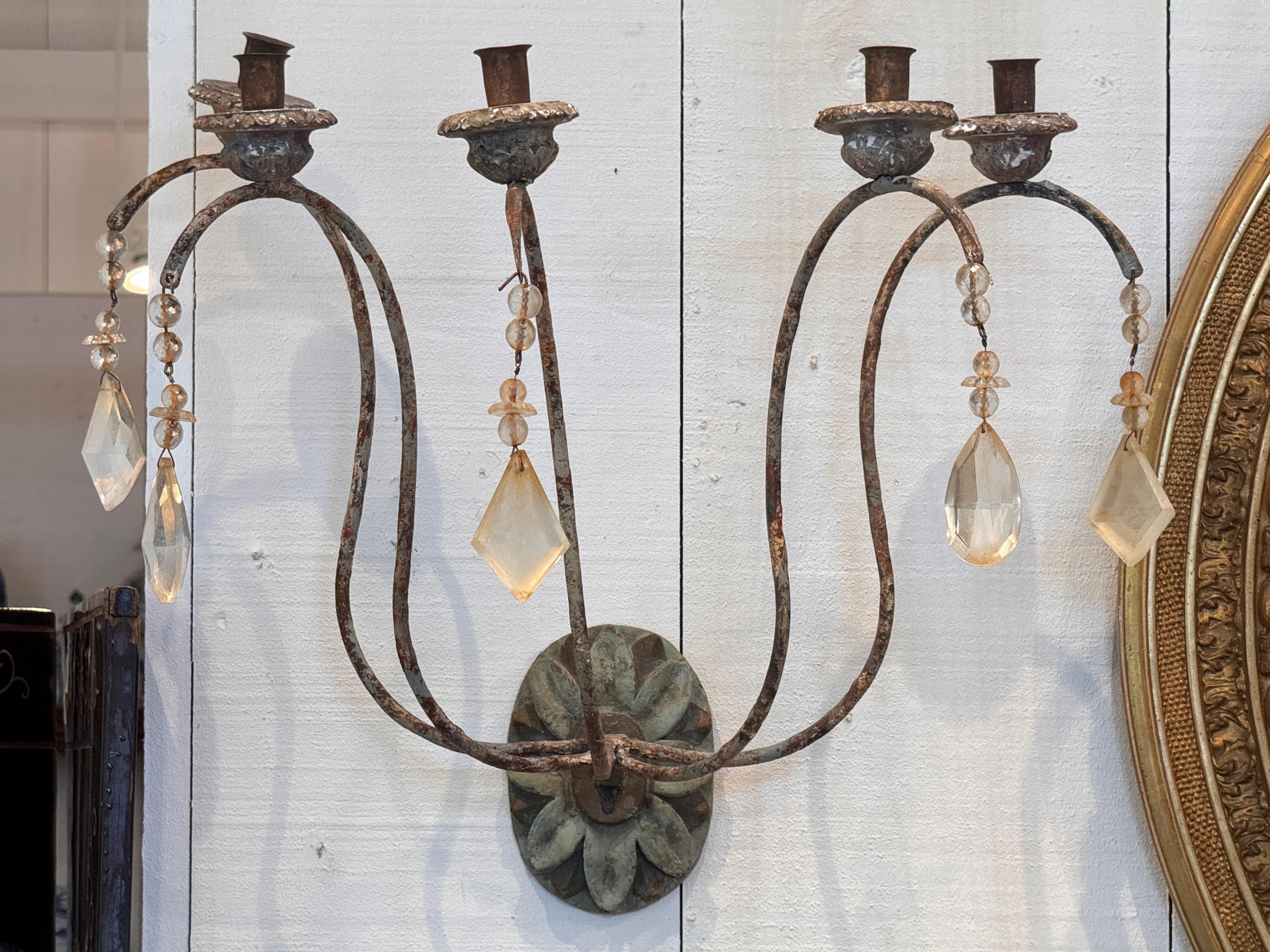 Mid-20th Century Pair of 1950s French Provincial Metal Sconces With Crystals For Sale