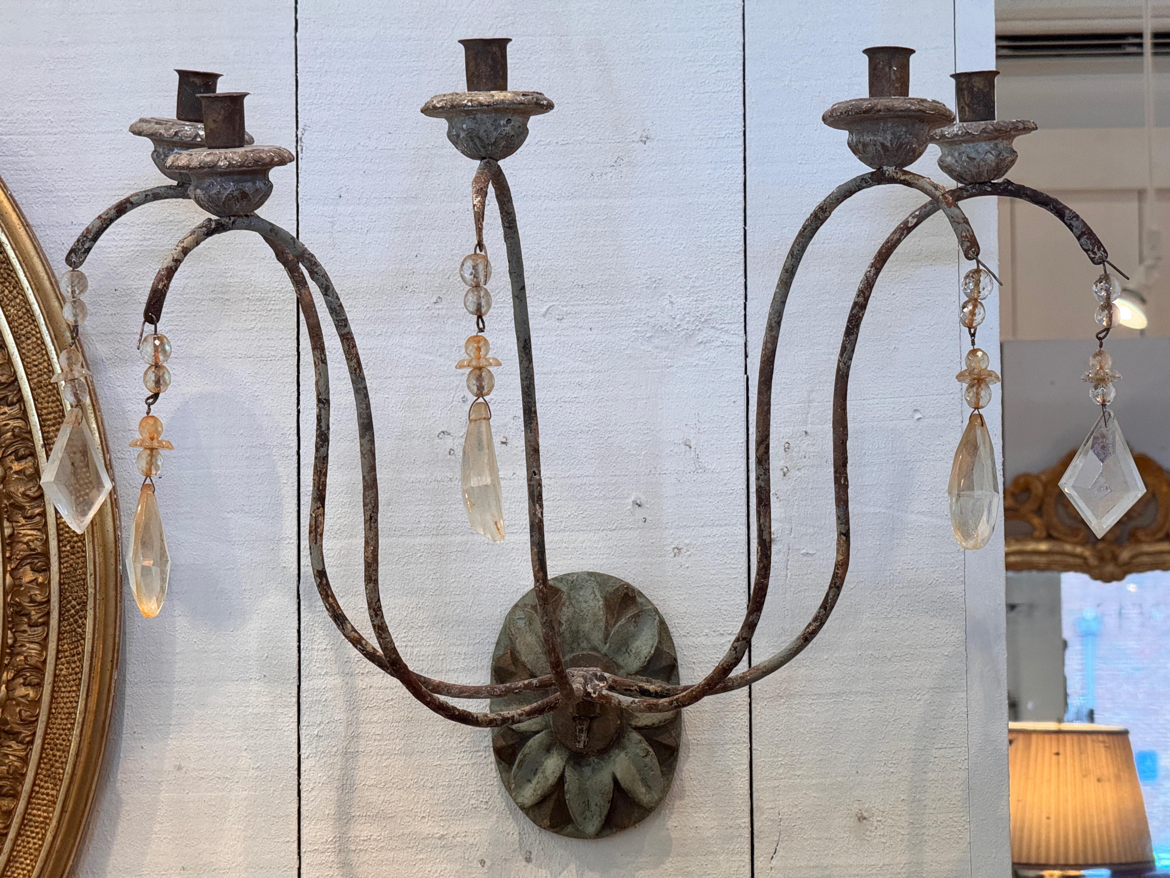 Pair of 1950s French Provincial Metal Sconces With Crystals For Sale 1