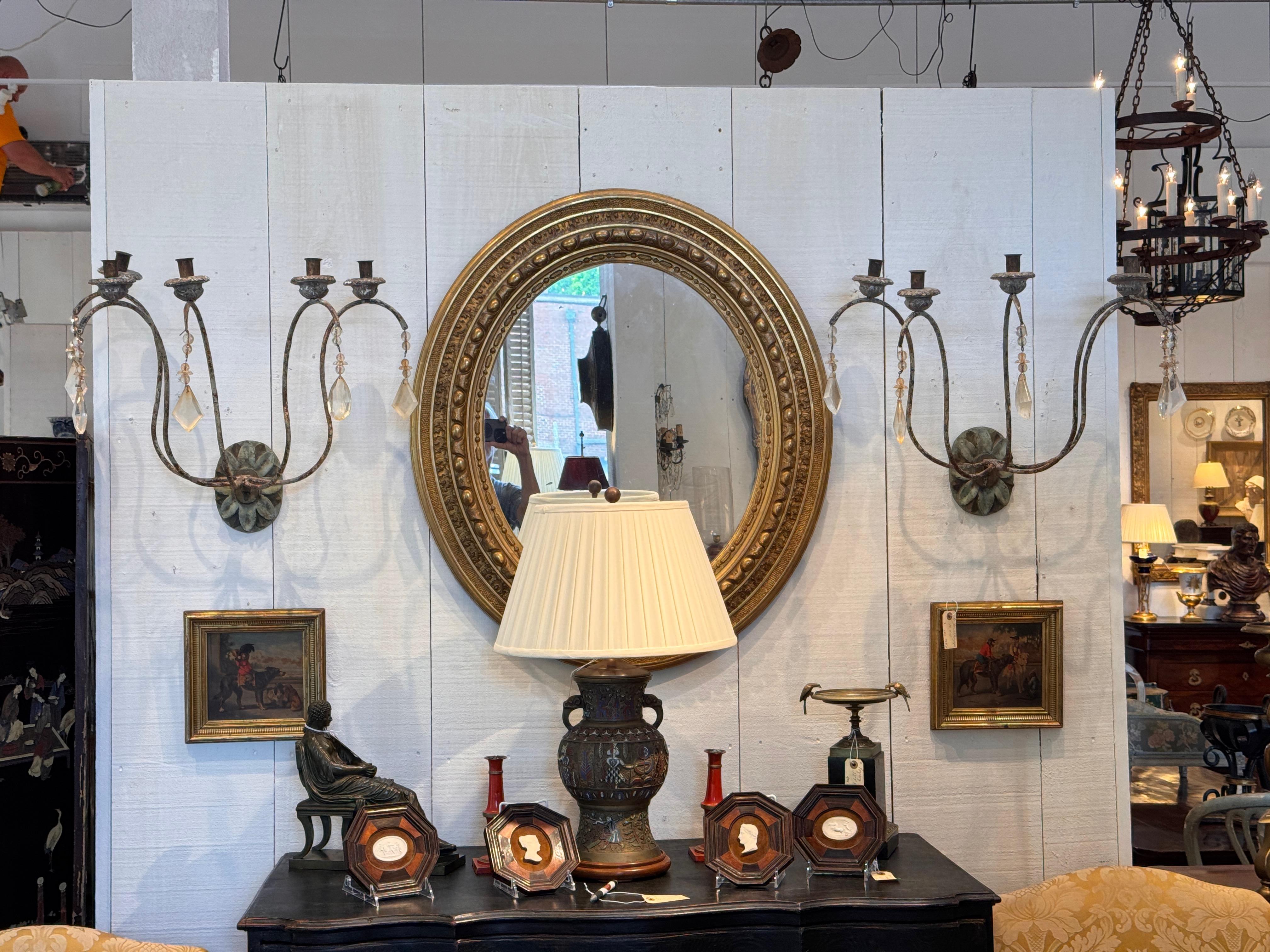 Pair of 1950s French Provincial Metal Sconces With Crystals For Sale 2