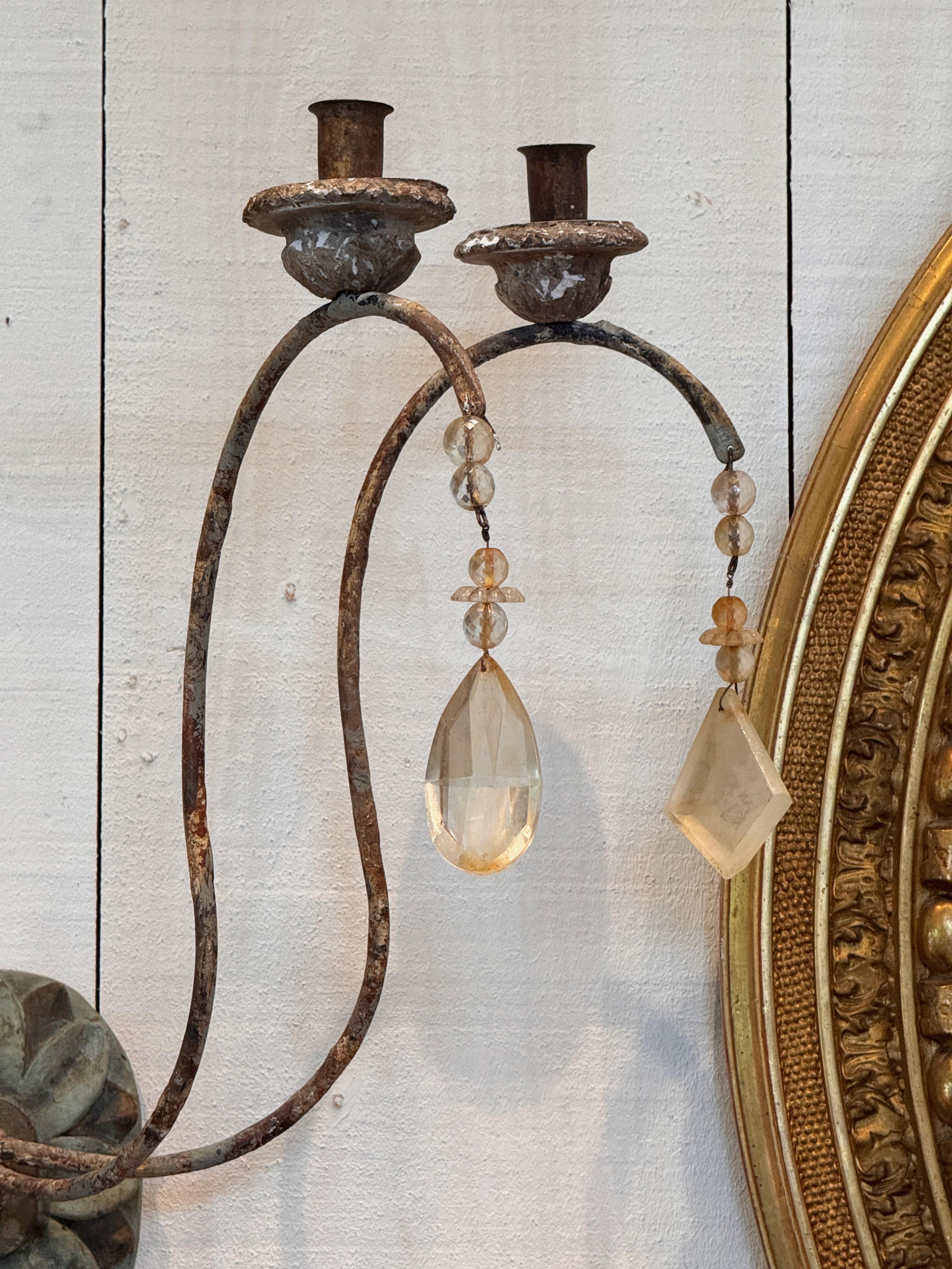 Pair of 1950s French Provincial Metal Sconces With Crystals For Sale 4