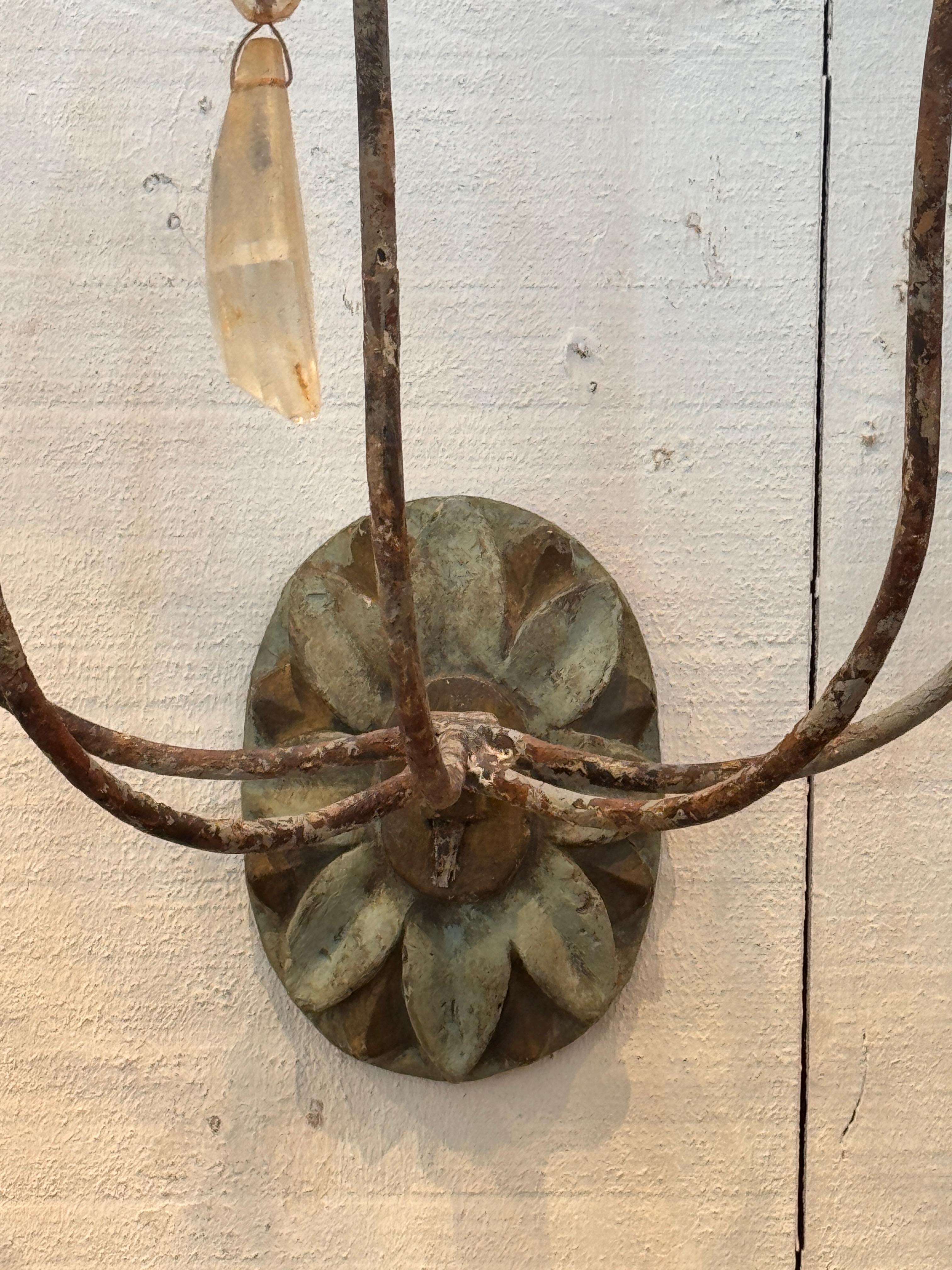 Pair of 1950s French Provincial Metal Sconces With Crystals For Sale 5