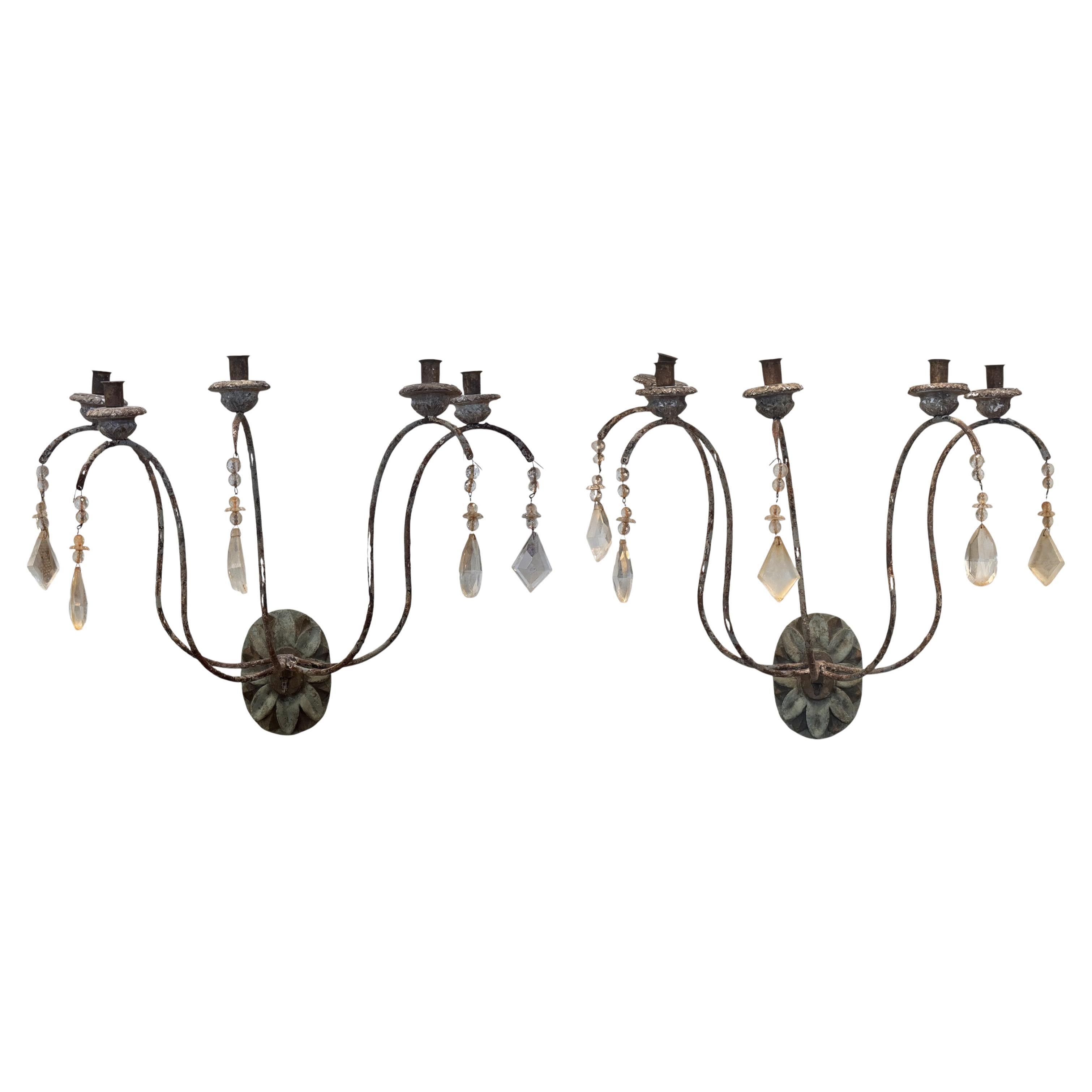 Pair of 1950s French Provincial Metal Sconces With Crystals For Sale