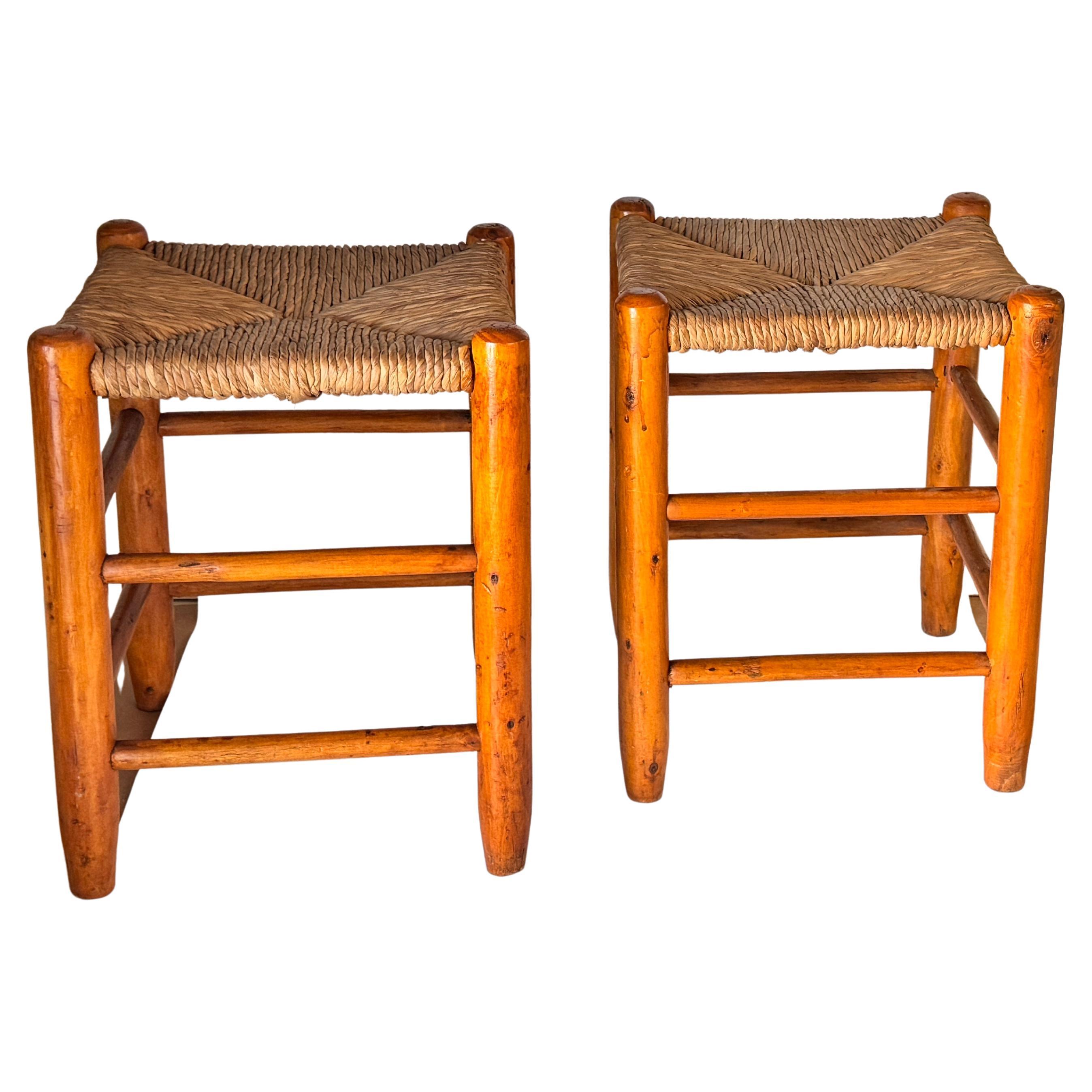 Pair of 1950s French Stools in the Style of Charlotte Perriand Wood Woven Straw