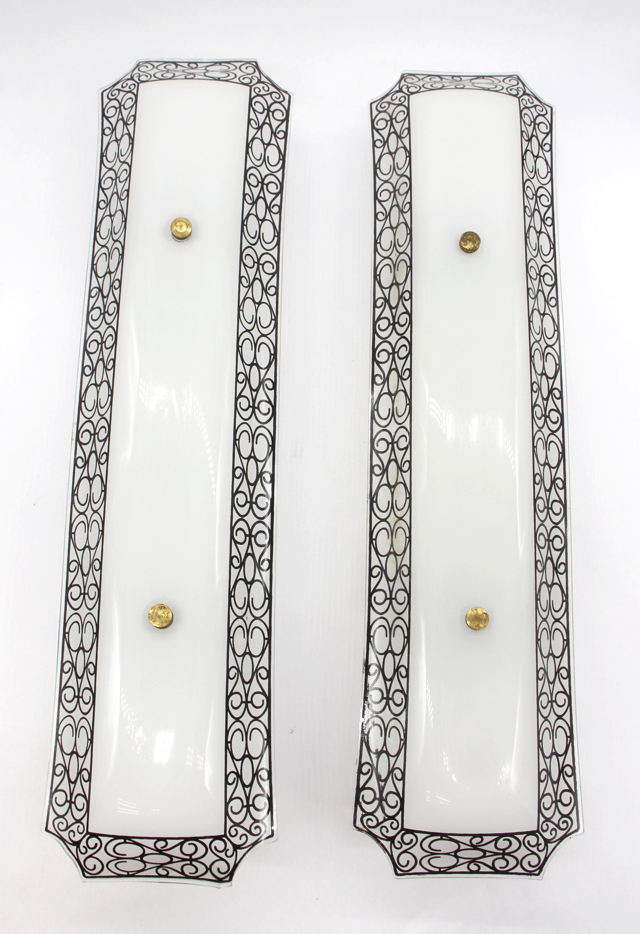 Pair of 1950s French Vanity Bathroom Sconces w/ White Glass & Black Swirl Design 5