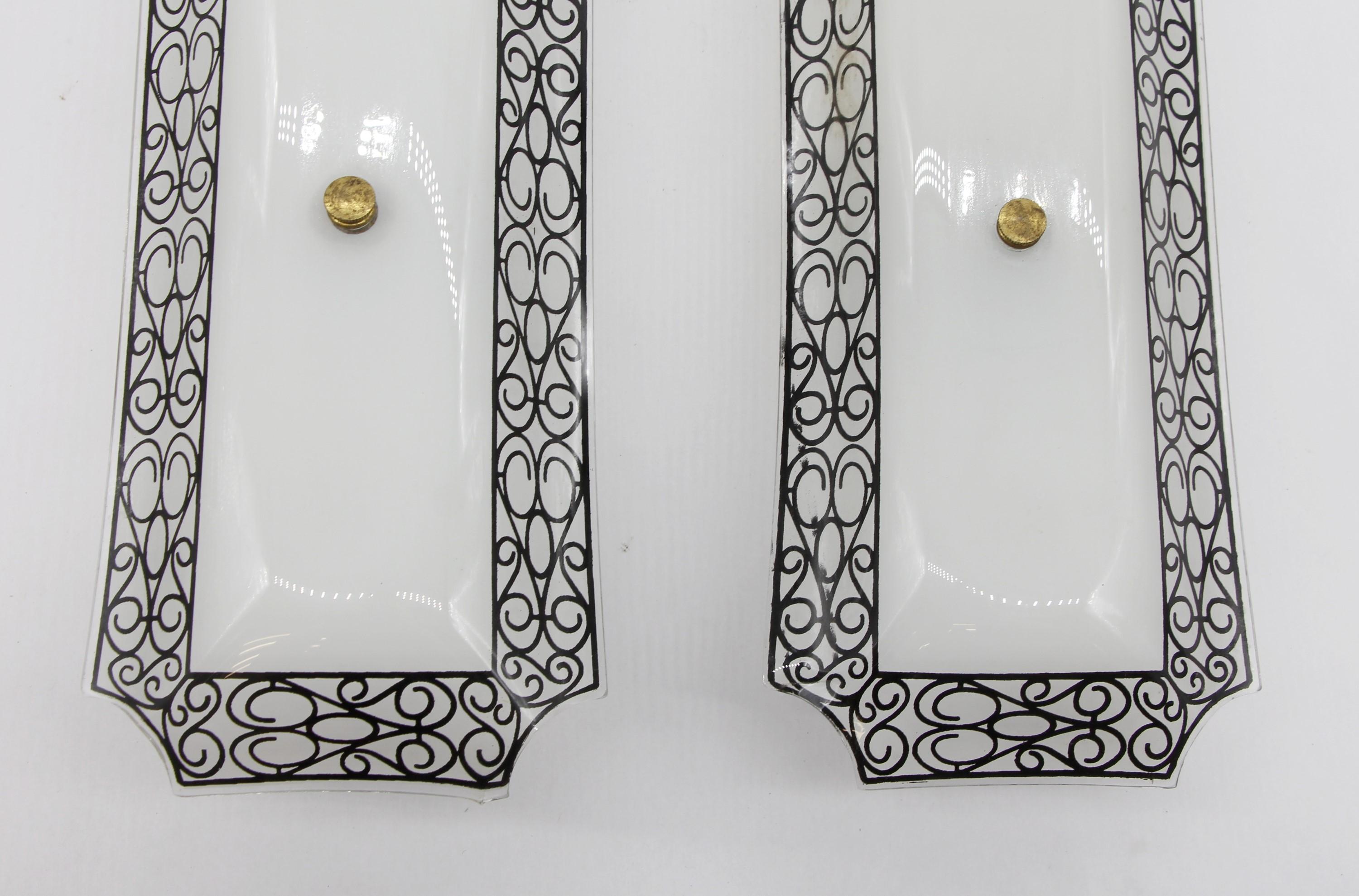 American Pair of 1950s French Vanity Bathroom Sconces w/ White Glass & Black Swirl Design