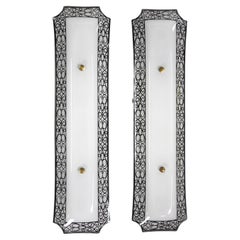 Vintage Pair of 1950s French Vanity Bathroom Sconces w/ White Glass & Black Swirl Design