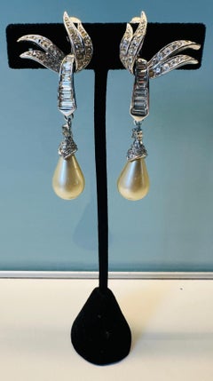 Pair of 1950s French Vintage Marcel Boucher "Glam" Teardrop Faux Pearl Earrings
