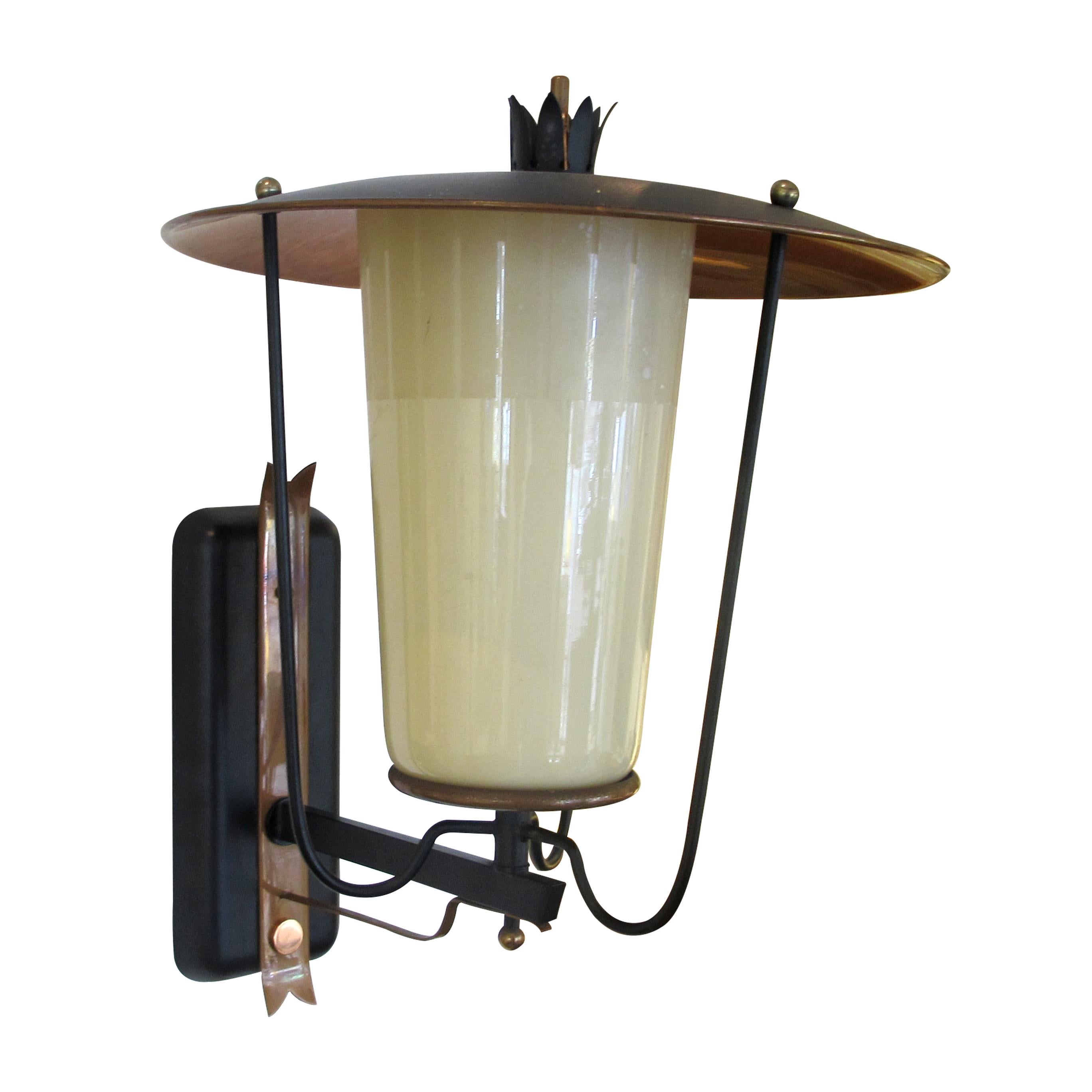 Mid-Century Modern Pair of 1950s French Wall Mounted Opaque White Glass Shade Metal Lanterns
